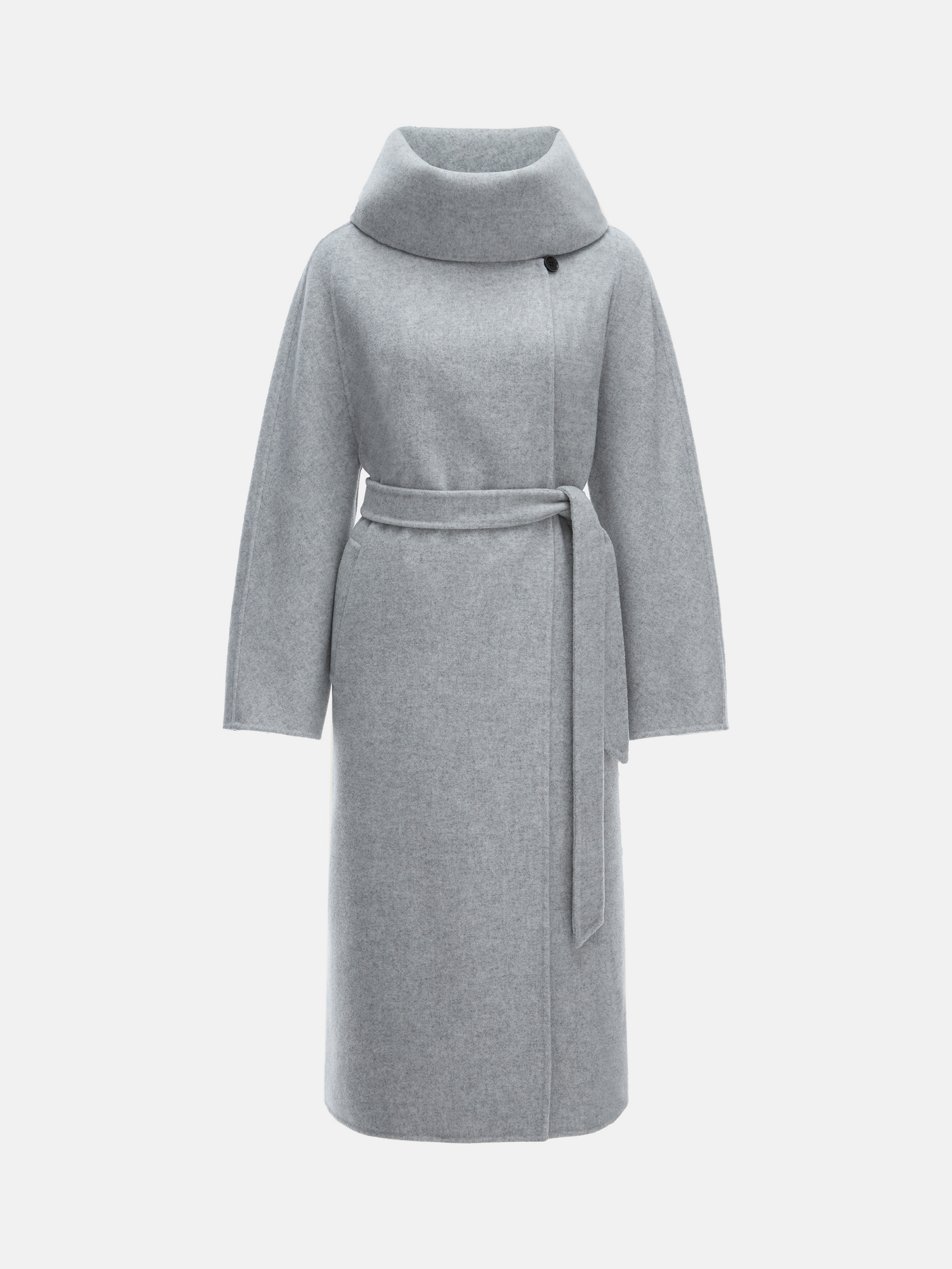 SELVANE Funnel-Neck Wool Coat in grey wool-cashmere, featuring a sculptural funnel neck and clean, seamless lines.