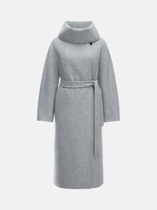 SELVANE Funnel-Neck Wool Coat in grey wool-cashmere, featuring a sculptural funnel neck and clean, seamless lines.