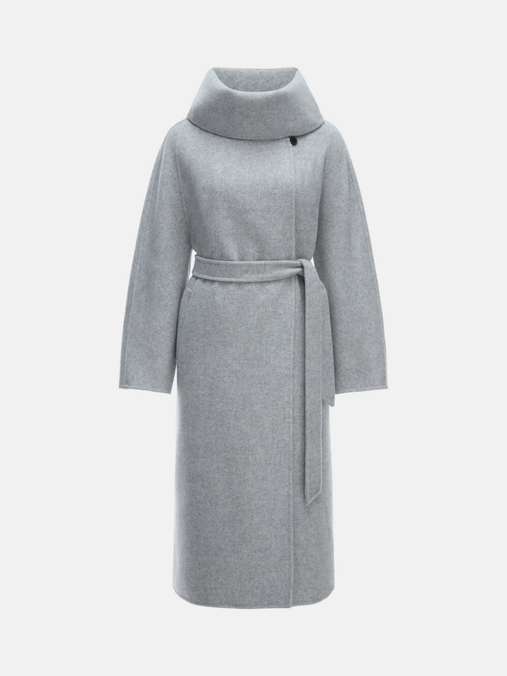SELVANE Funnel-Neck Wool Coat in grey wool-cashmere, featuring a sculptural funnel neck and clean, seamless lines.