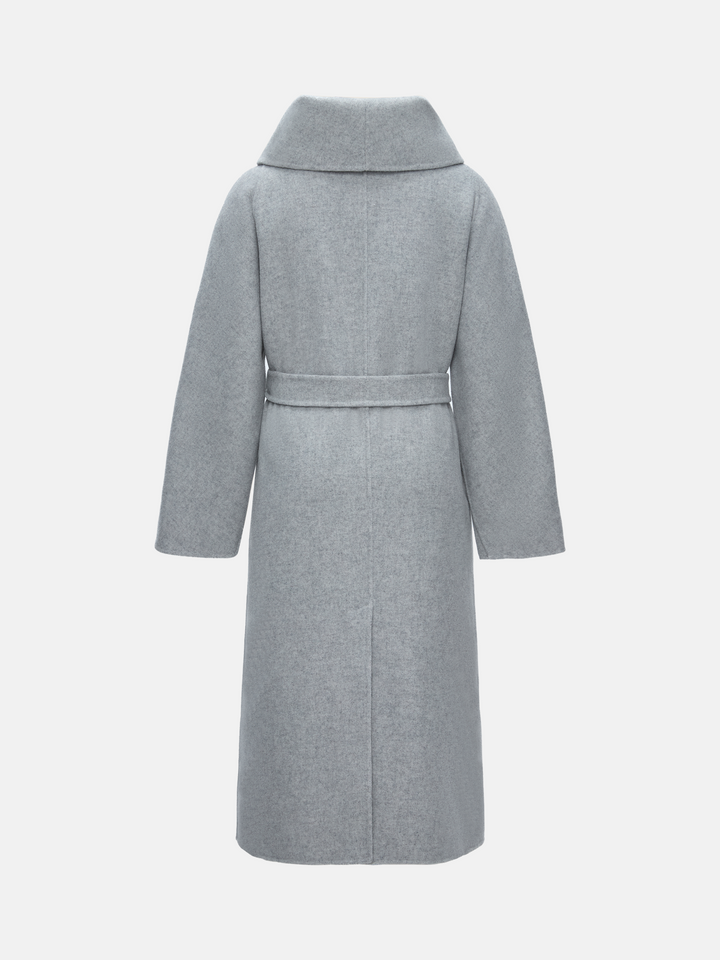 SELVANE Funnel-Neck Wool Coat in grey wool-cashmere, featuring a sculptural funnel neck and clean, seamless lines.