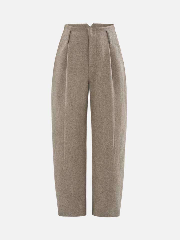 SELVANE Structured Barrel Pants in a refined, dark hue, showcasing their architectural silhouette and clean lines.