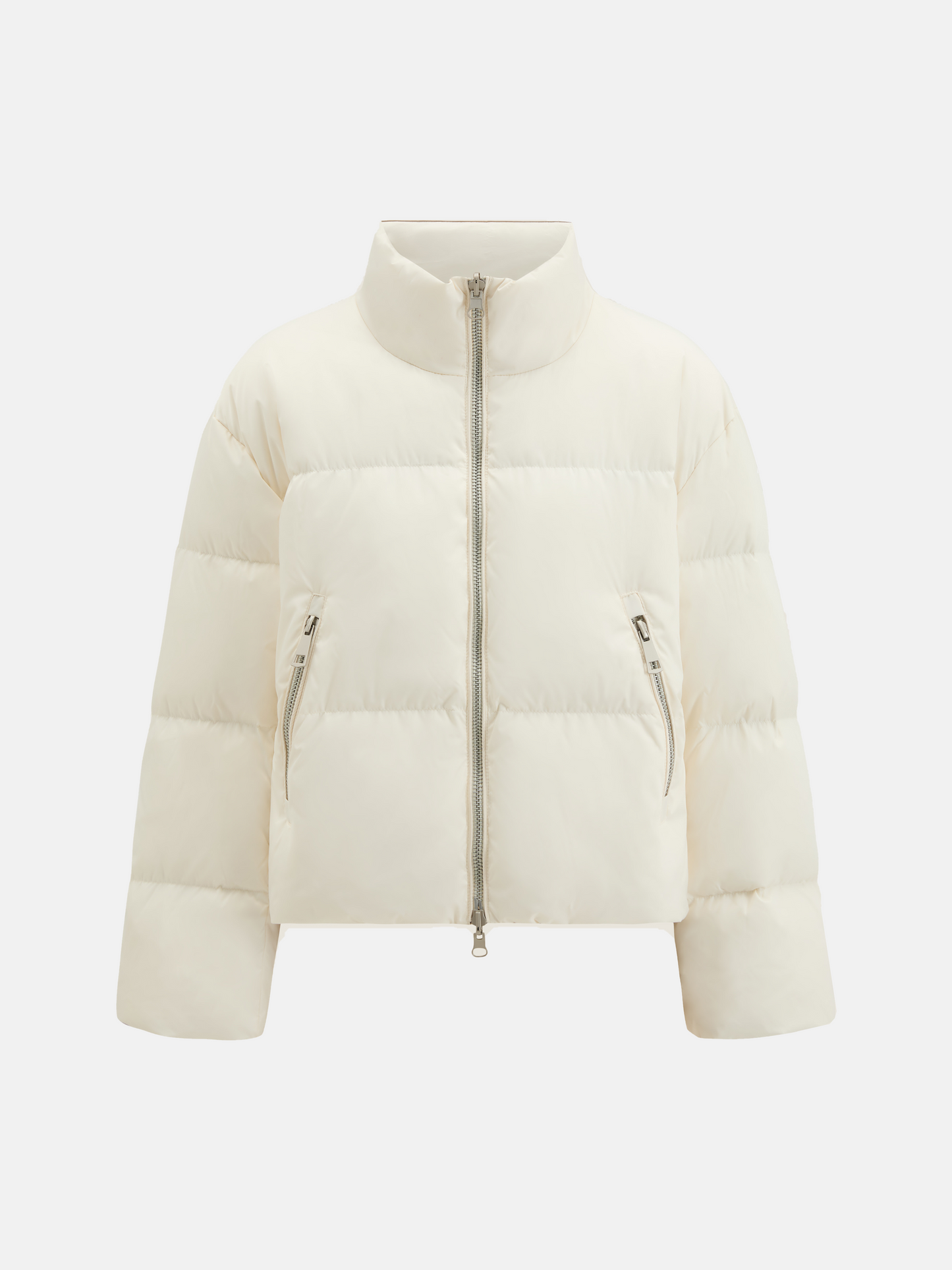 SELVANE Minimal Padded Down Jacket, cropped with a subtle stand collar, crisp panel quilting, and a soft matte finish, embodying sculptural volume.