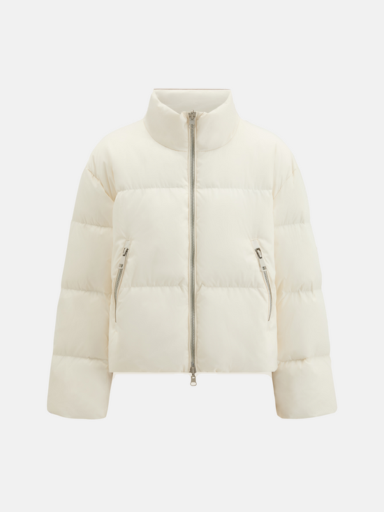 SELVANE Minimal Padded Down Jacket, cropped with a subtle stand collar, crisp panel quilting, and a soft matte finish, embodying sculptural volume.