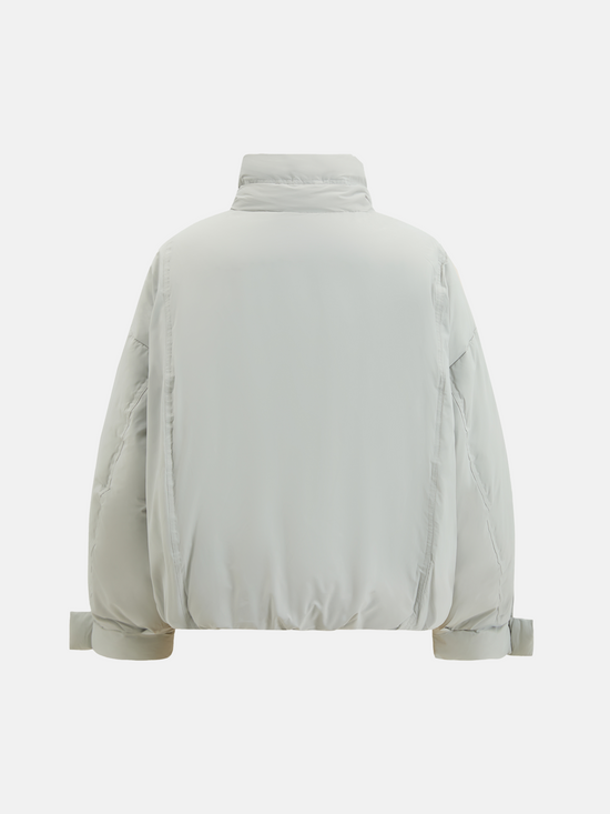 SELVANE High-Neck Bomber Down Jacket in black, featuring an exaggerated high collar and rounded silhouette, refined matte finish.