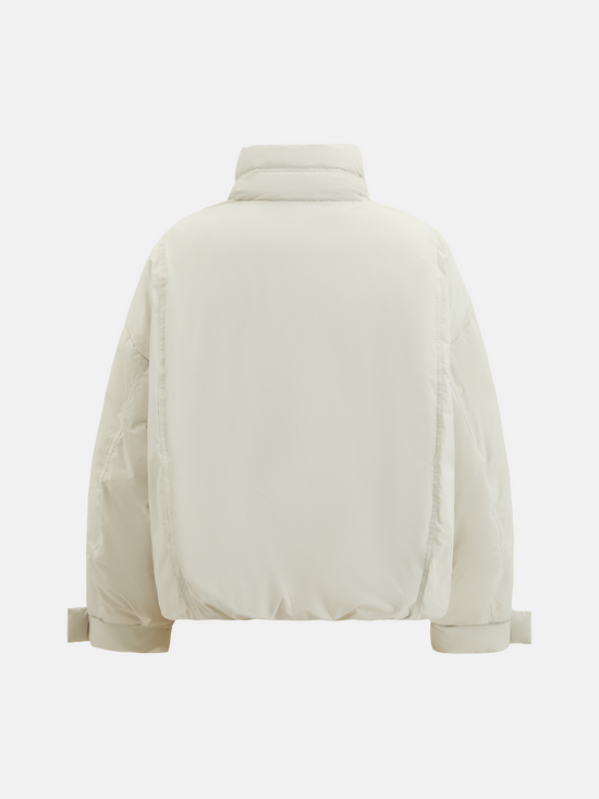 SELVANE High-Neck Bomber Down Jacket in black, featuring an exaggerated high collar and rounded silhouette, refined matte finish.