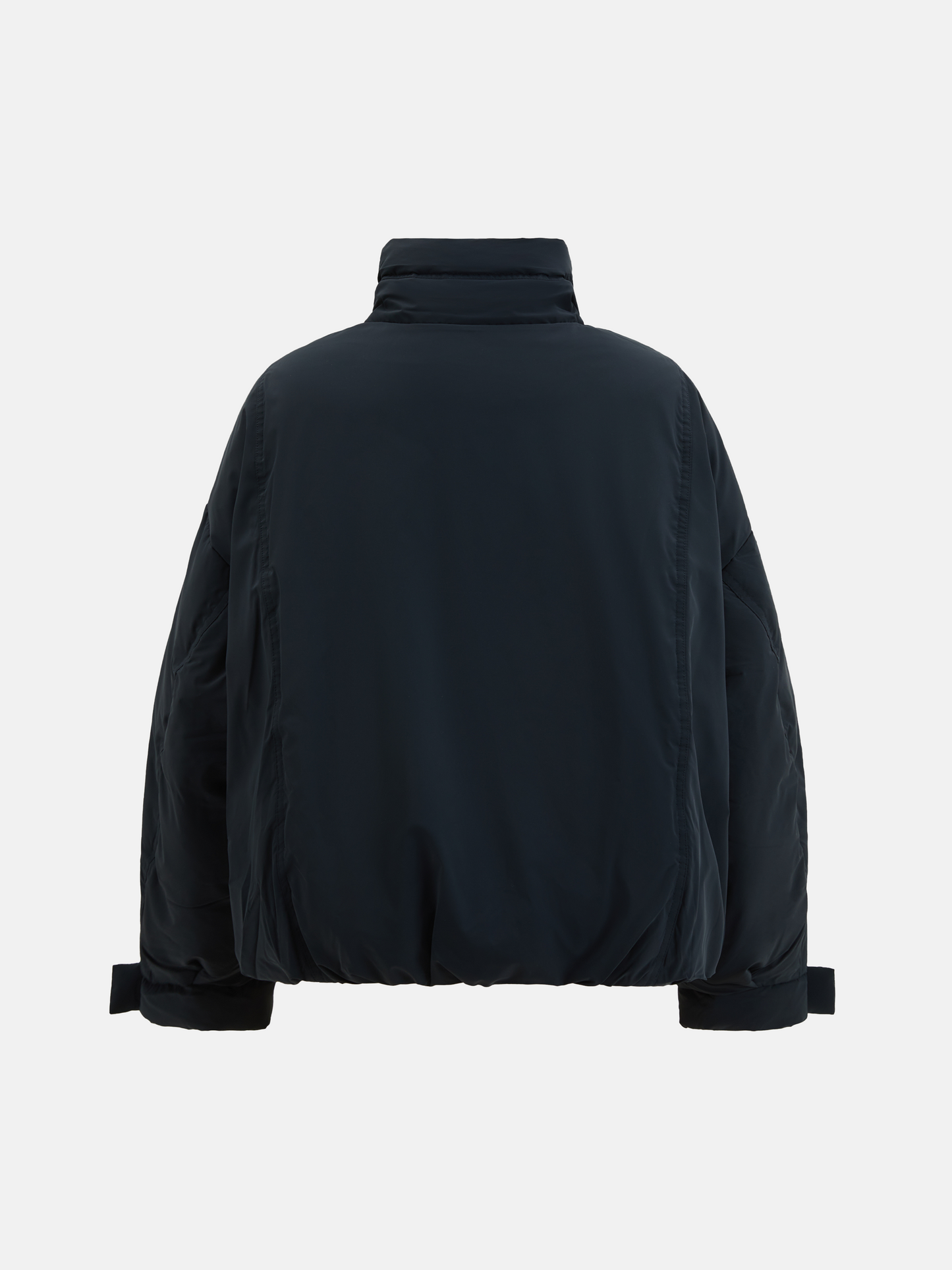 SELVANE High-Neck Bomber Down Jacket in black, featuring an exaggerated high collar and rounded silhouette, refined matte finish.