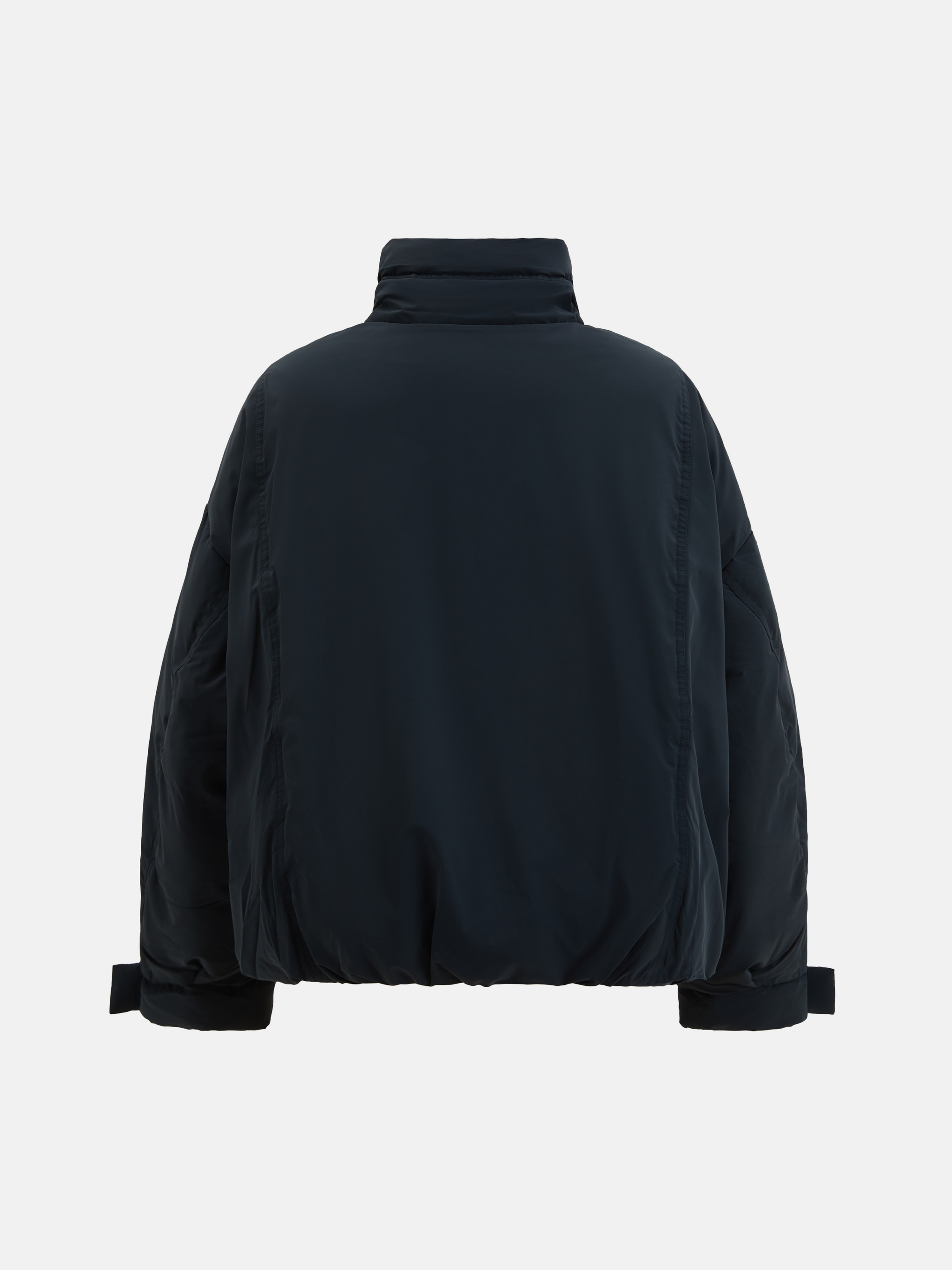 SELVANE High-Neck Bomber Down Jacket in black, featuring an exaggerated high collar and rounded silhouette, refined matte finish.