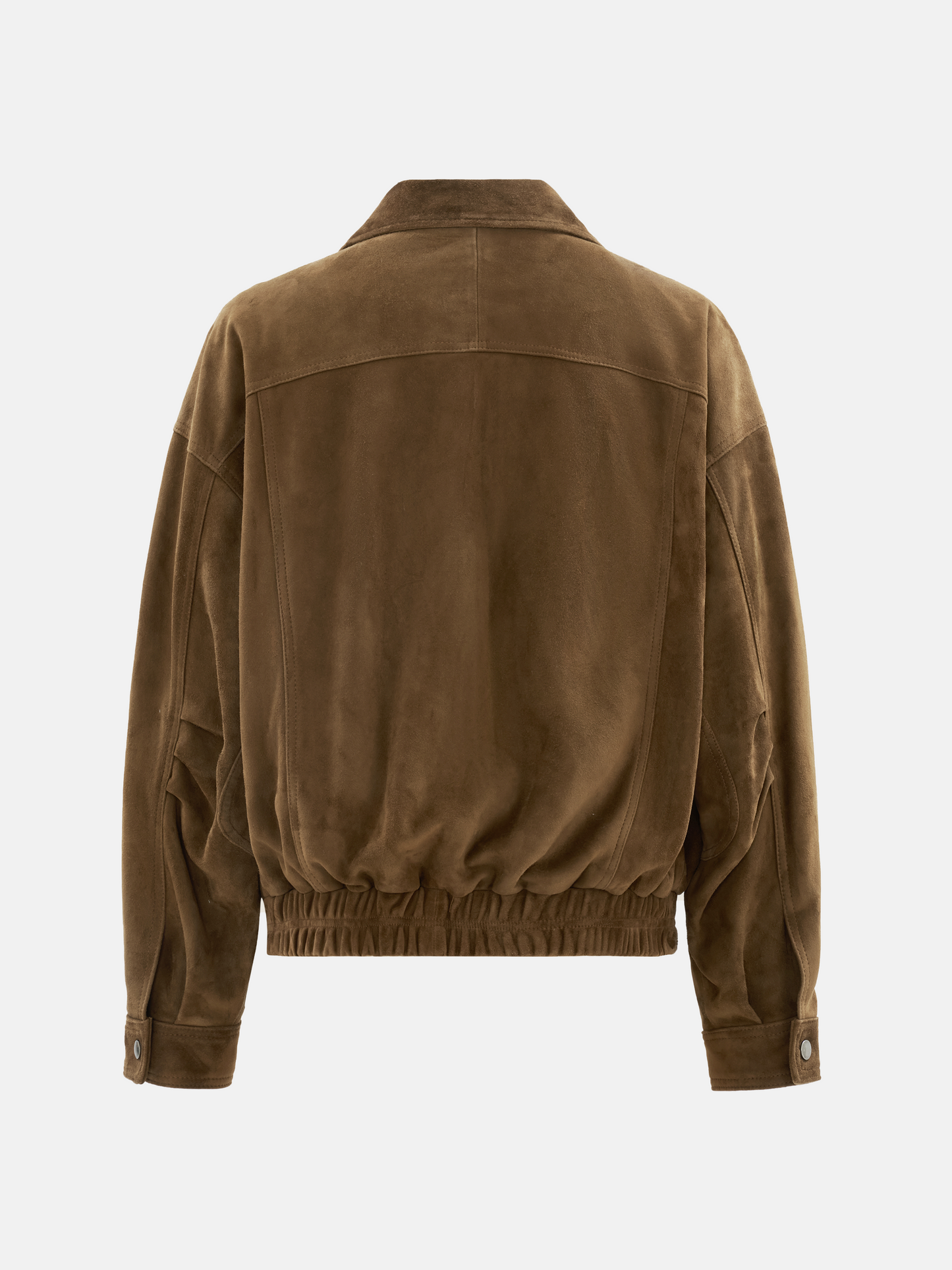 Oversized tan lambskin jacket by SELVANE, featuring a wide pointed collar, ribbed cuffs, and relaxed volume.