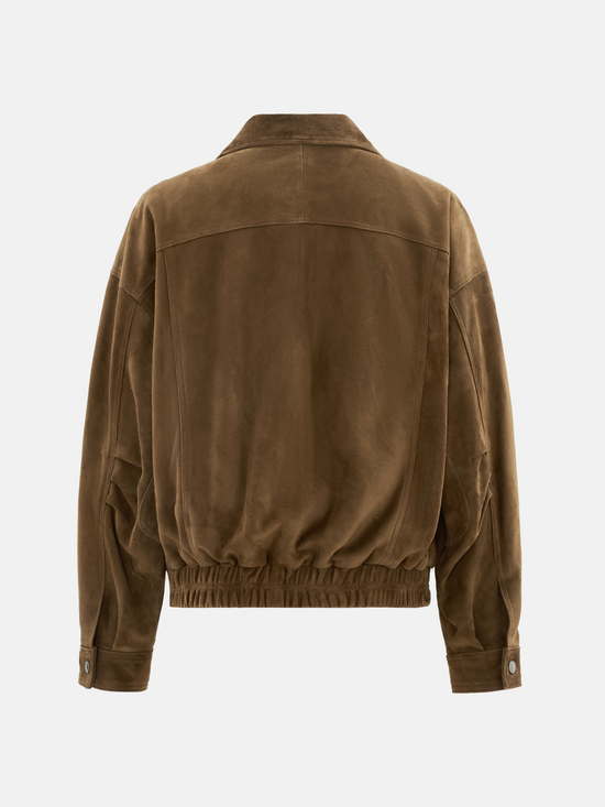Oversized tan lambskin jacket by SELVANE, featuring a wide pointed collar, ribbed cuffs, and relaxed volume.