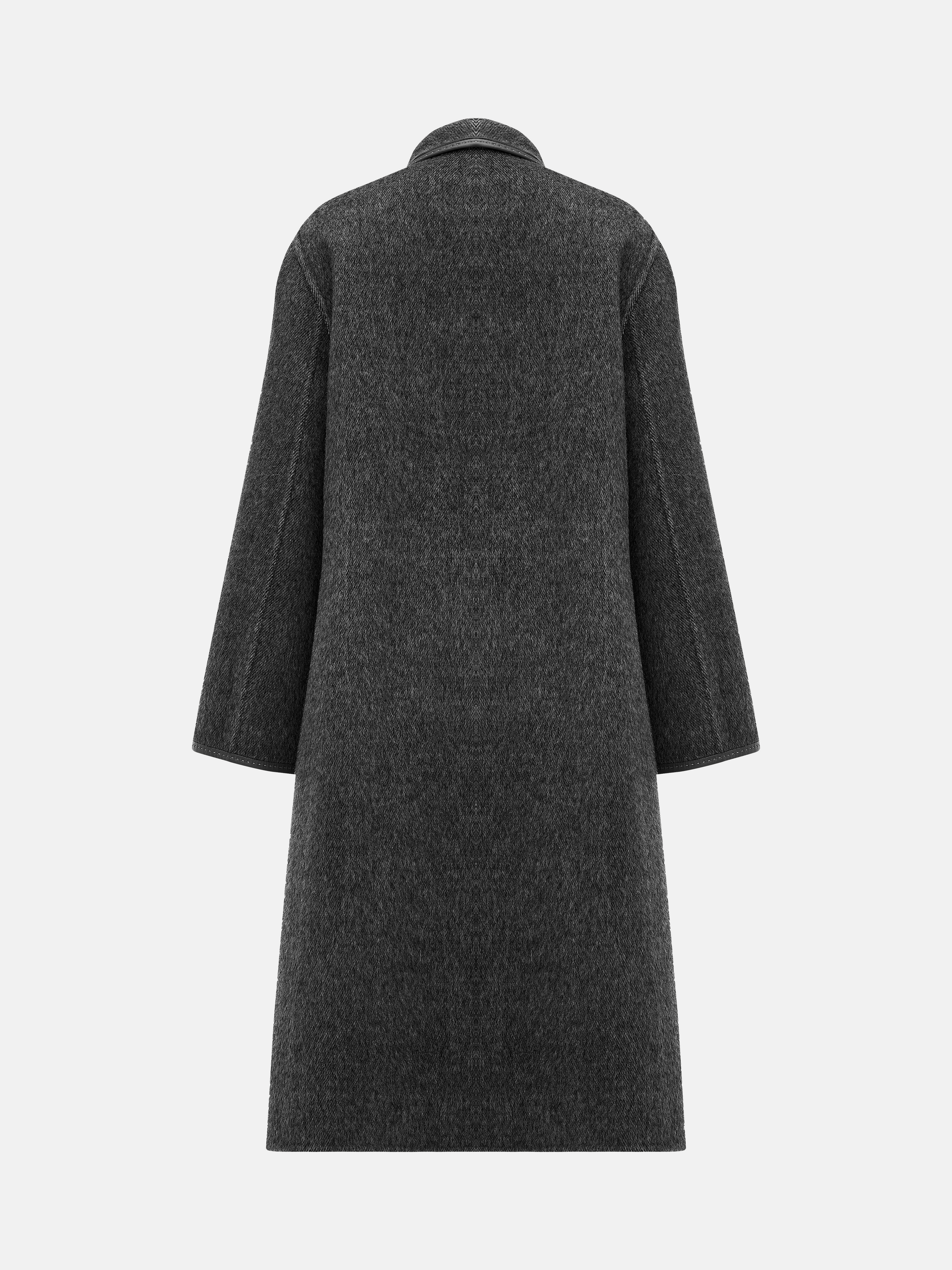 SELVANE Belted Wool Long Coat in a soft wool-llama blend, featuring a fluid drape and clean topstitched edges, worn by a model in a composed stance.