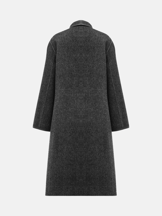 SELVANE Belted Wool Long Coat in a soft wool-llama blend, featuring a fluid drape and clean topstitched edges, worn by a model in a composed stance.