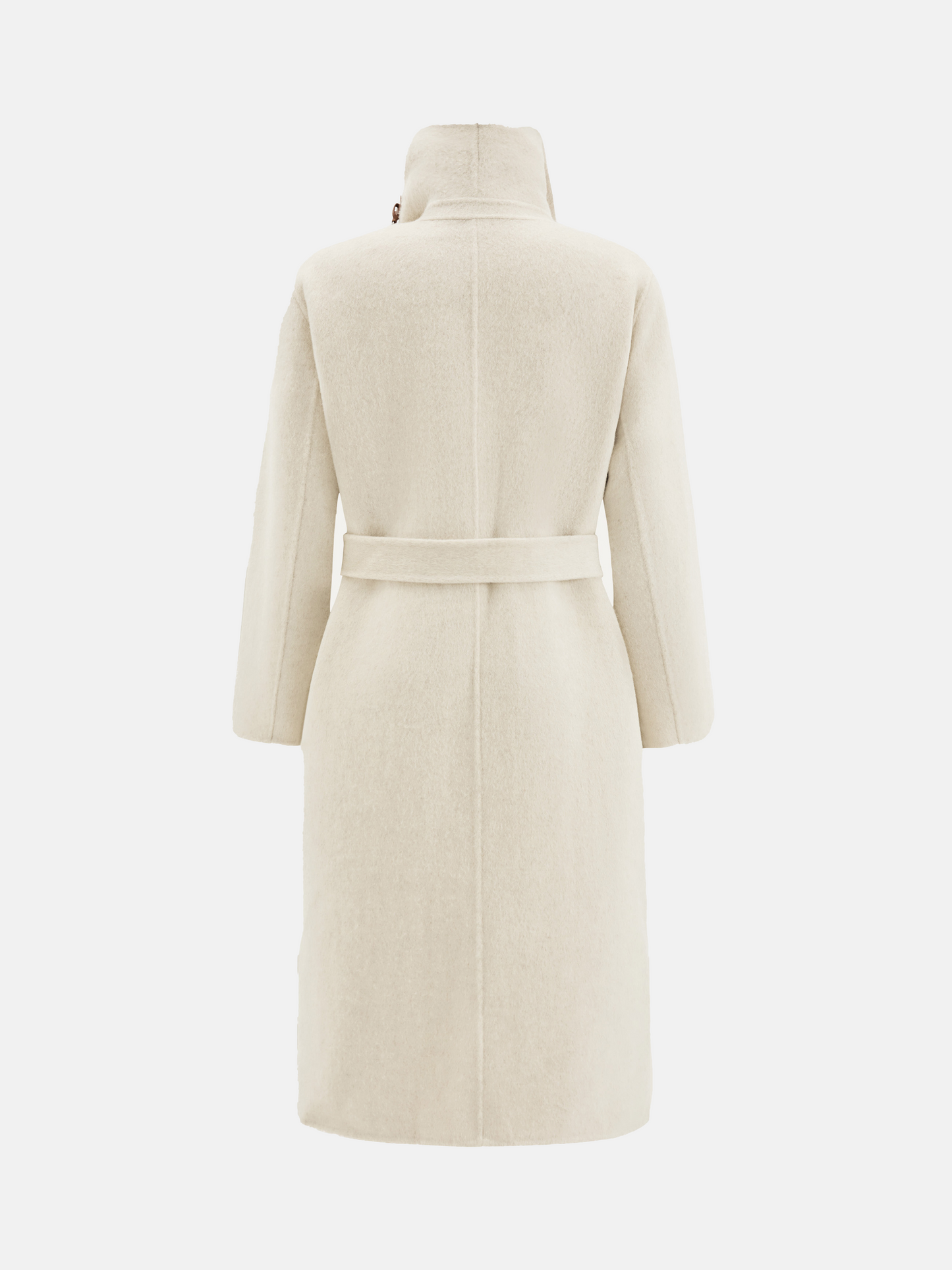 SELVANE Contour Wool Wrap Coat in a light tone with contrast-trim edges and wide shawl collar, draped elegantly.