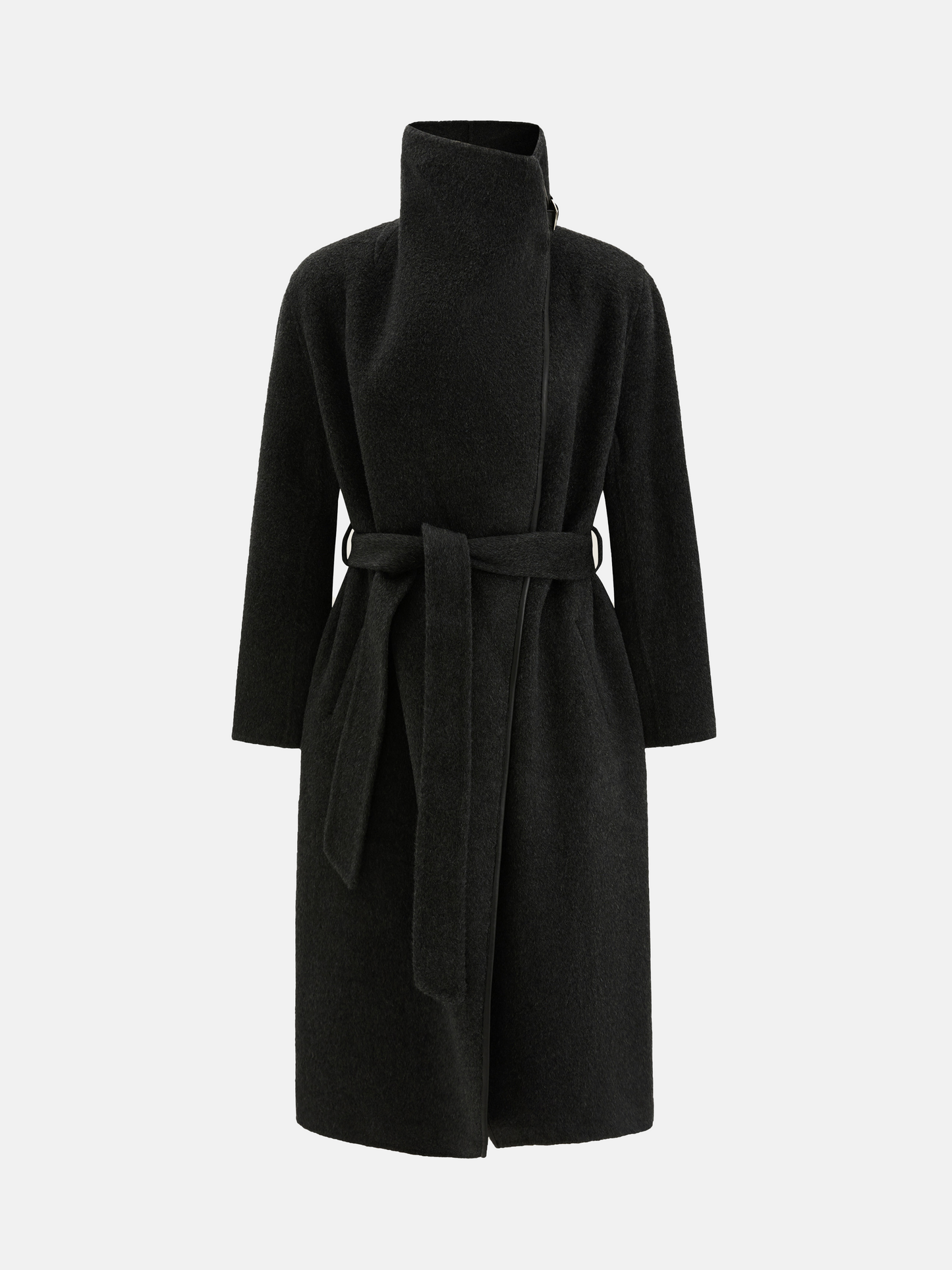 SELVANE Contour Wool Wrap Coat in a light tone with contrast-trim edges and wide shawl collar, draped elegantly.