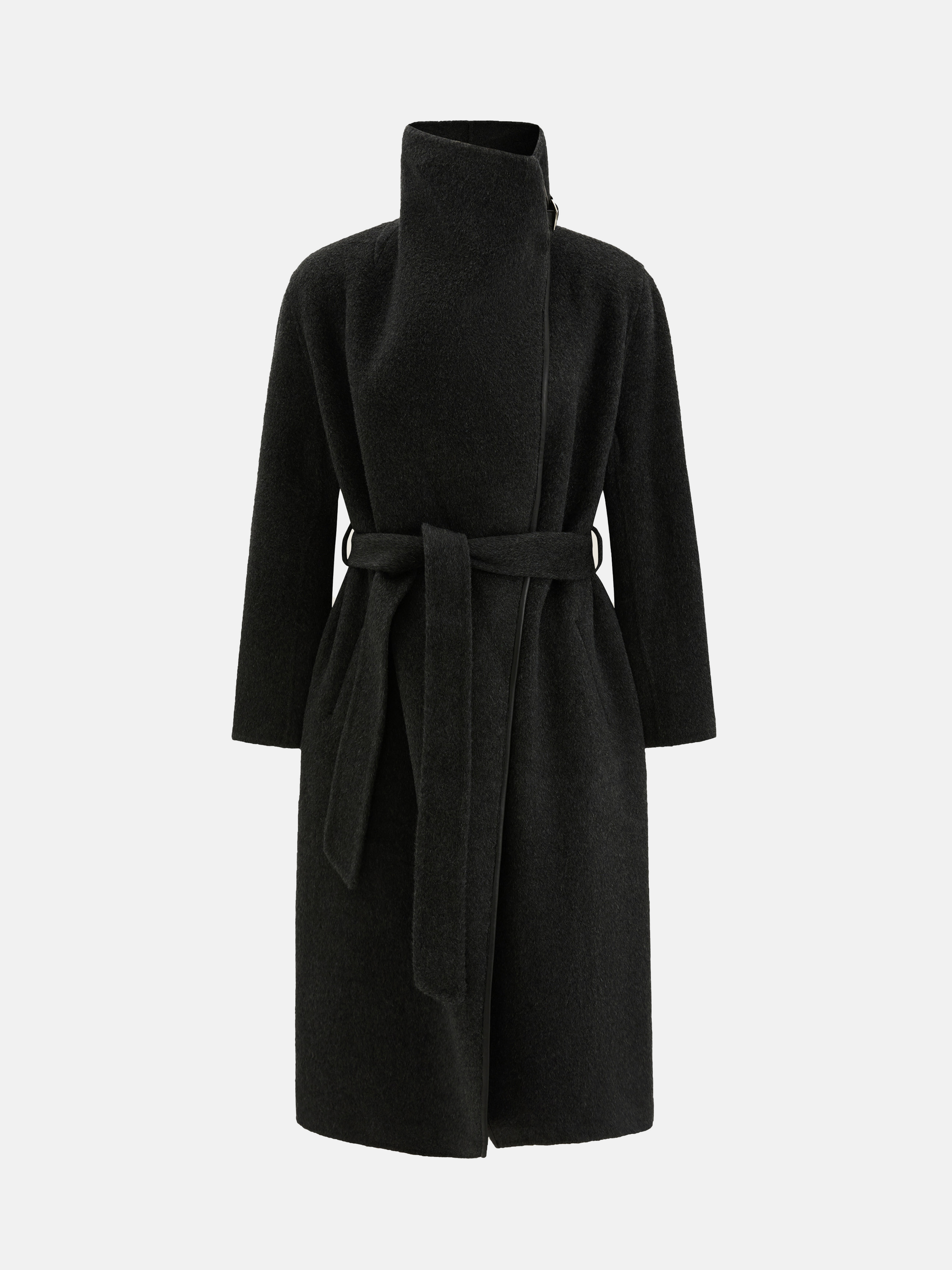 SELVANE Contour Wool Wrap Coat in a light tone with contrast-trim edges and wide shawl collar, draped elegantly.