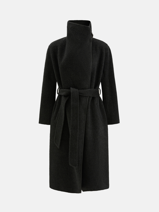SELVANE Contour Wool Wrap Coat in a light tone with contrast-trim edges and wide shawl collar, draped elegantly.