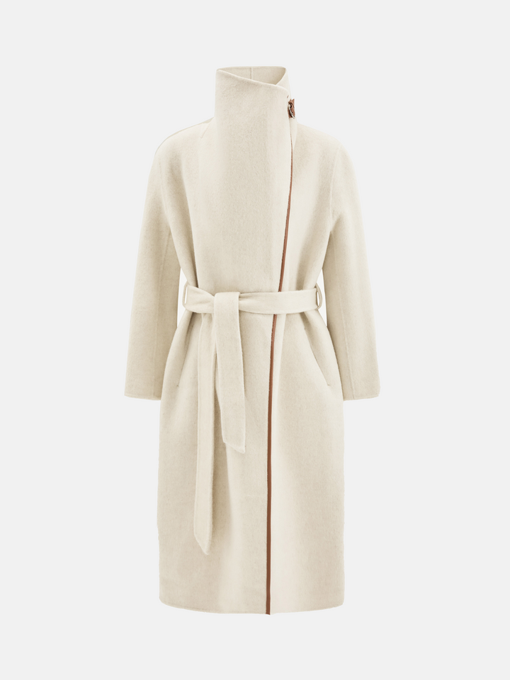 SELVANE Contour Wool Wrap Coat in a light tone with contrast-trim edges and wide shawl collar, draped elegantly.