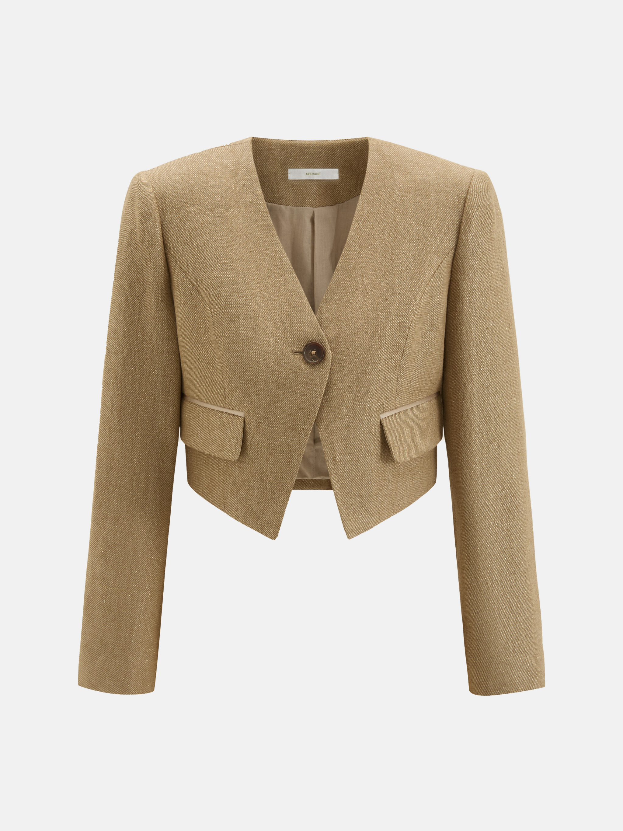 SELVANE Tailored Linen Suit Set in apricot, featuring a cleanly cut jacket and sleek skirt with a subtle metallic glint.
