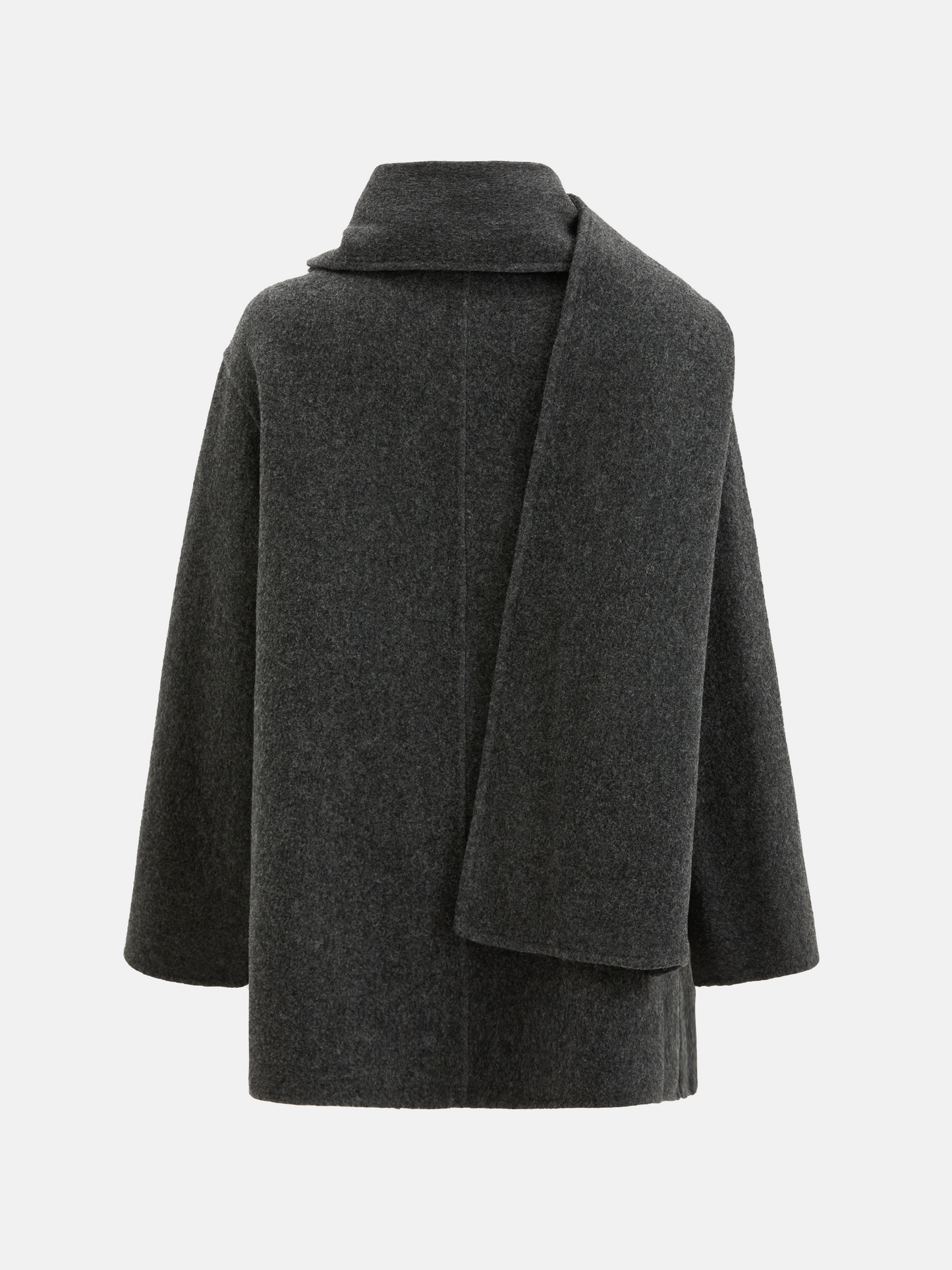 SELVANE Structured Wool Wrap Coat in a neutral tone, featuring a built-in scarf neckline and clean lines, draped elegantly on a figure.