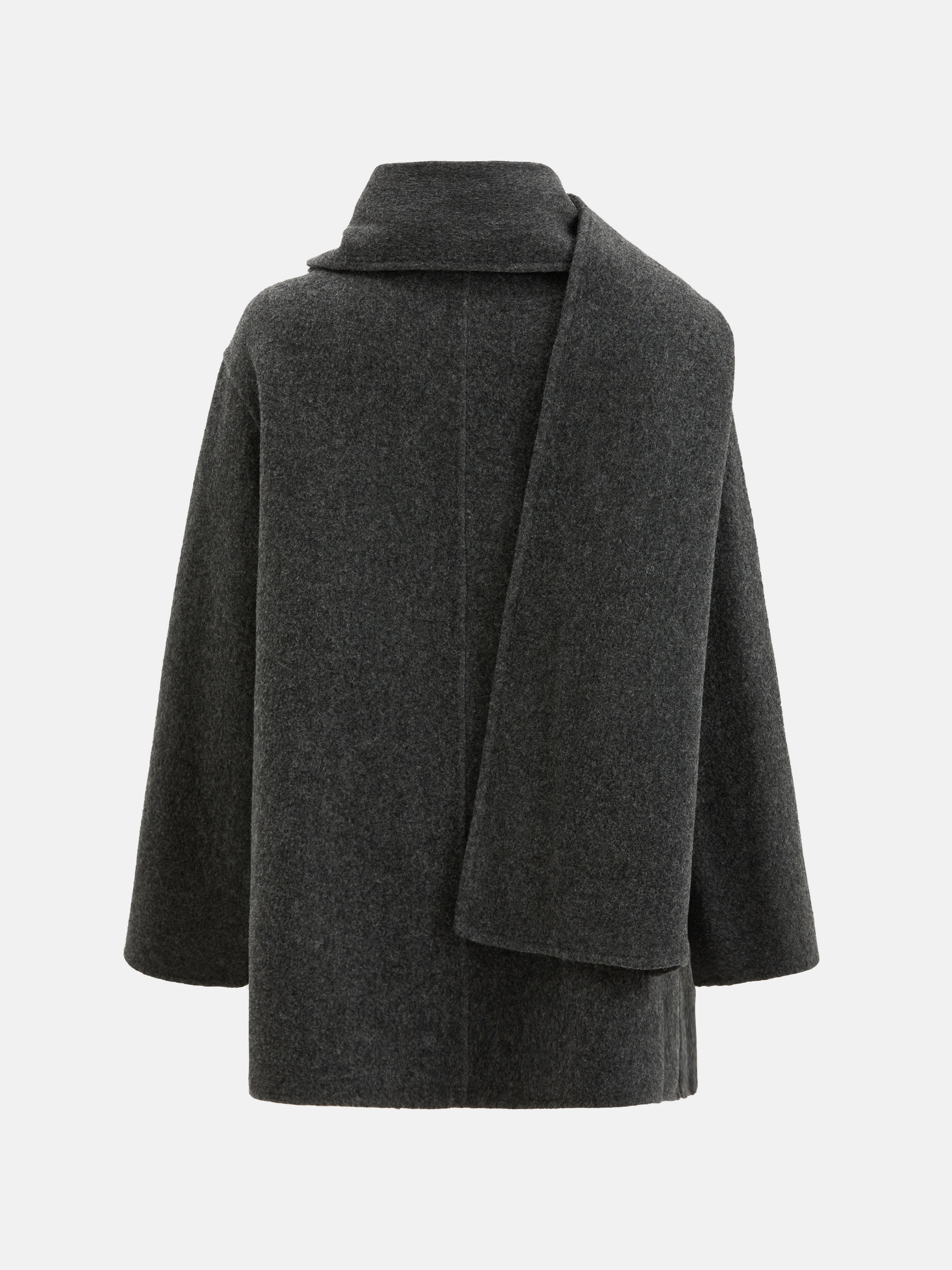 SELVANE Structured Wool Wrap Coat in a neutral tone, featuring a built-in scarf neckline and clean lines, draped elegantly on a figure.