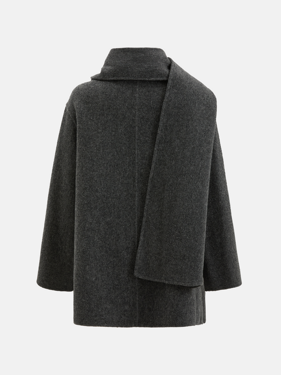 SELVANE Structured Wool Wrap Coat in a neutral tone, featuring a built-in scarf neckline and clean lines, draped elegantly on a figure.