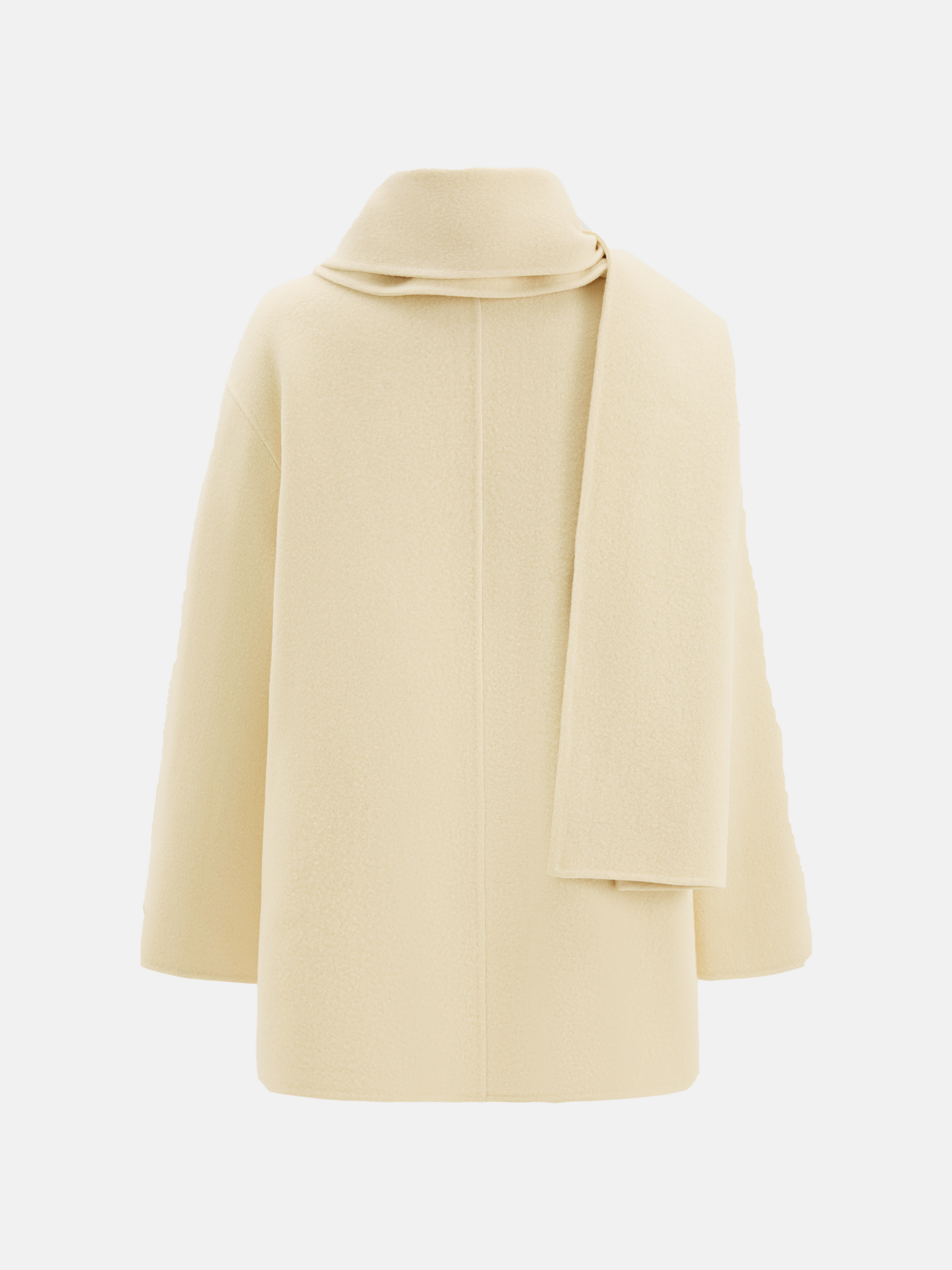 SELVANE Structured Wool Wrap Coat in a neutral tone, featuring a built-in scarf neckline and clean lines, draped elegantly on a figure.