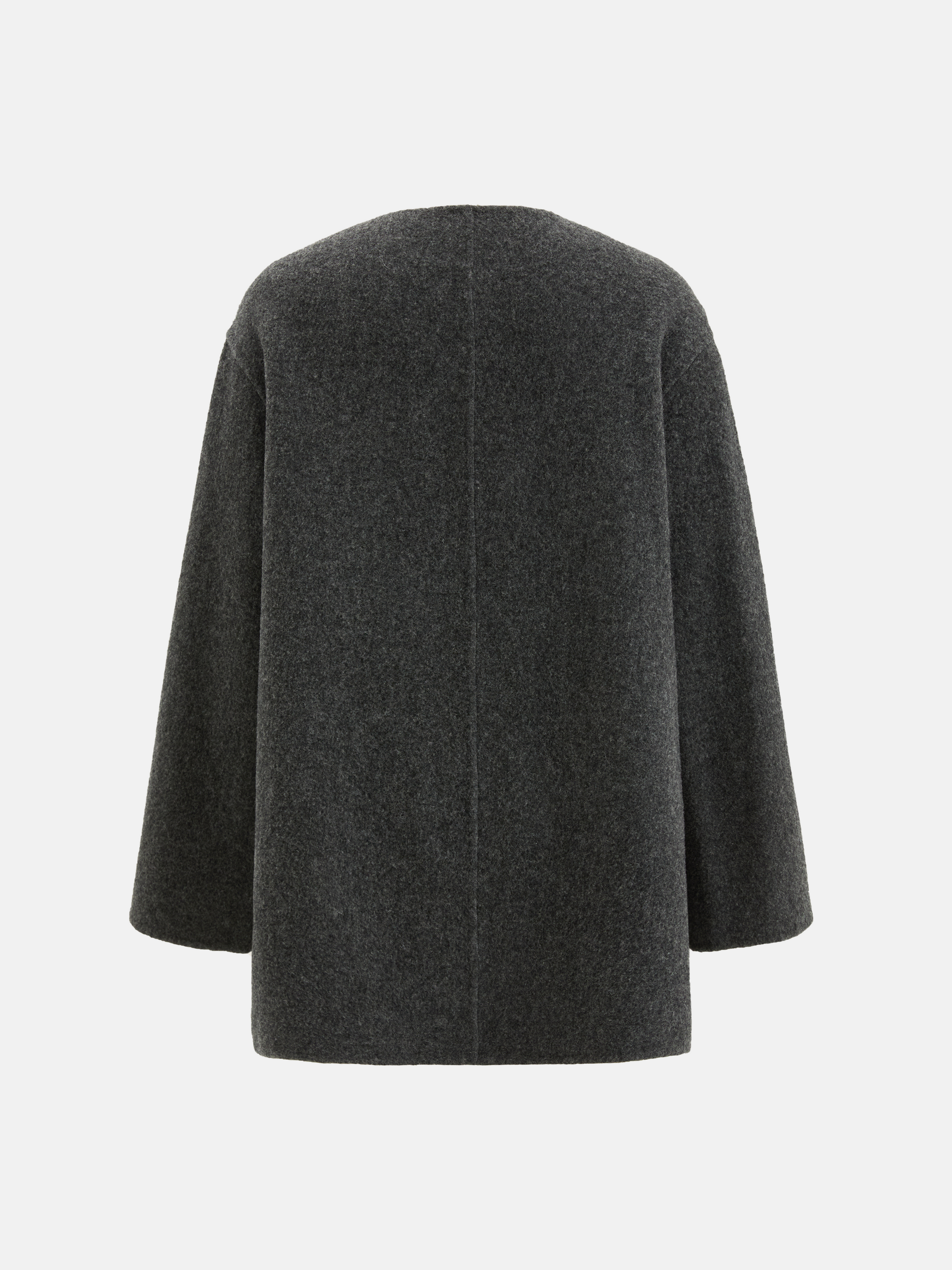 SELVANE Structured Wool Wrap Coat in a neutral tone, featuring a built-in scarf neckline and clean lines, draped elegantly on a figure.