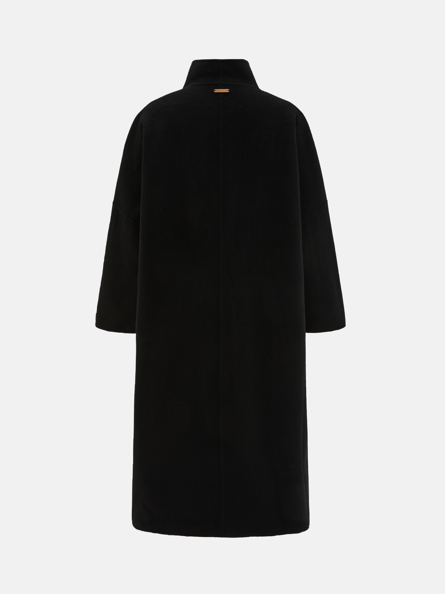 SELVANE Draped Merino Wool Long Coat, open-front, showcasing fluid drape and elongated silhouette on a model.