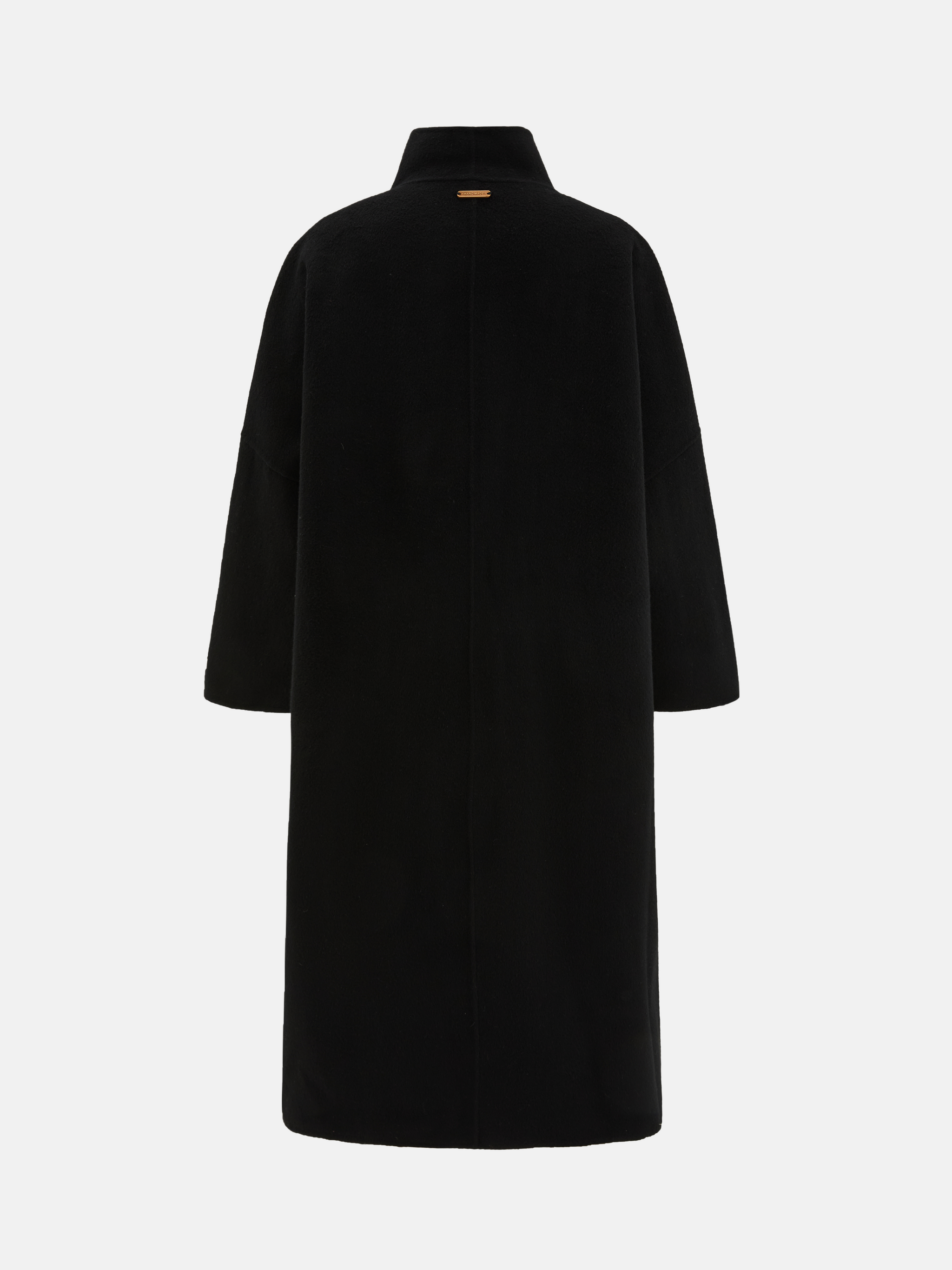 SELVANE Draped Merino Wool Long Coat, open-front, showcasing fluid drape and elongated silhouette on a model.
