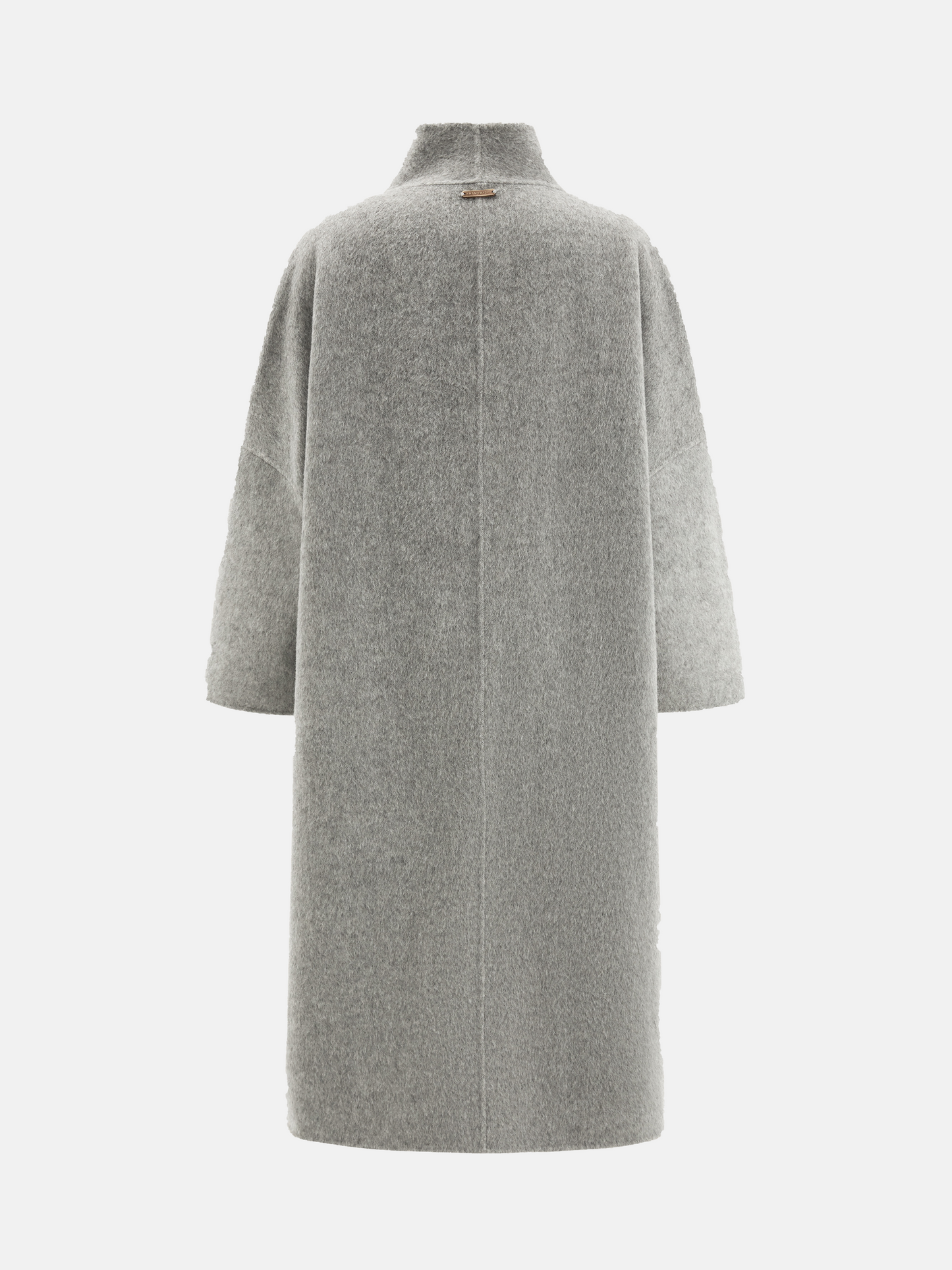 SELVANE Draped Merino Wool Long Coat, open-front, showcasing fluid drape and elongated silhouette on a model.