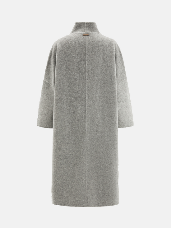 SELVANE Draped Merino Wool Long Coat, open-front, showcasing fluid drape and elongated silhouette on a model.