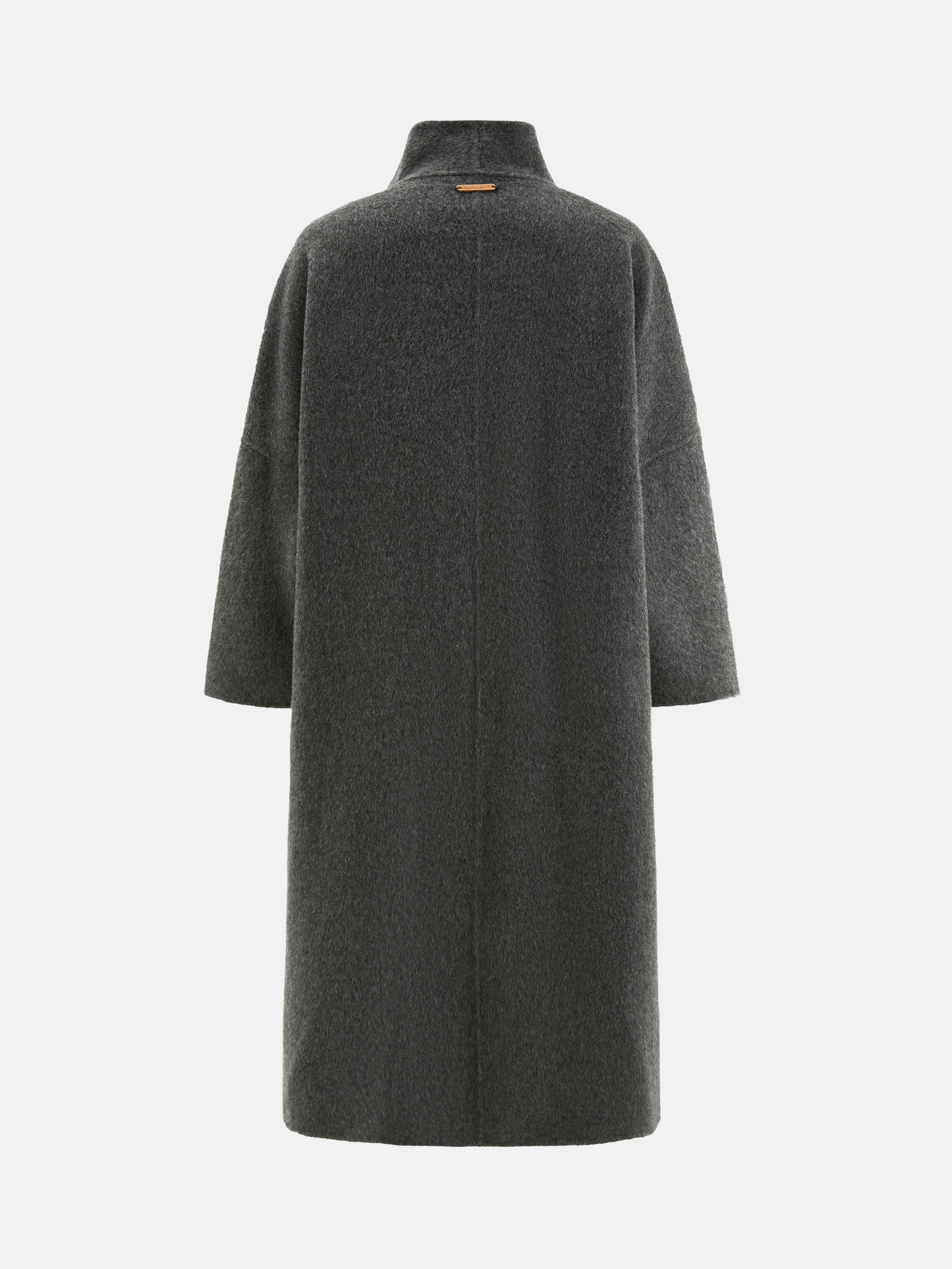 SELVANE Draped Merino Wool Long Coat, open-front, showcasing fluid drape and elongated silhouette on a model.
