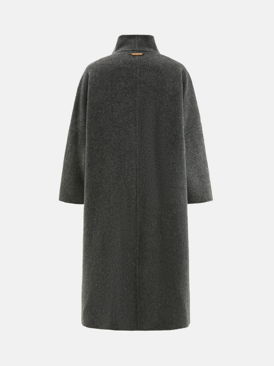 SELVANE Draped Merino Wool Long Coat, open-front, showcasing fluid drape and elongated silhouette on a model.