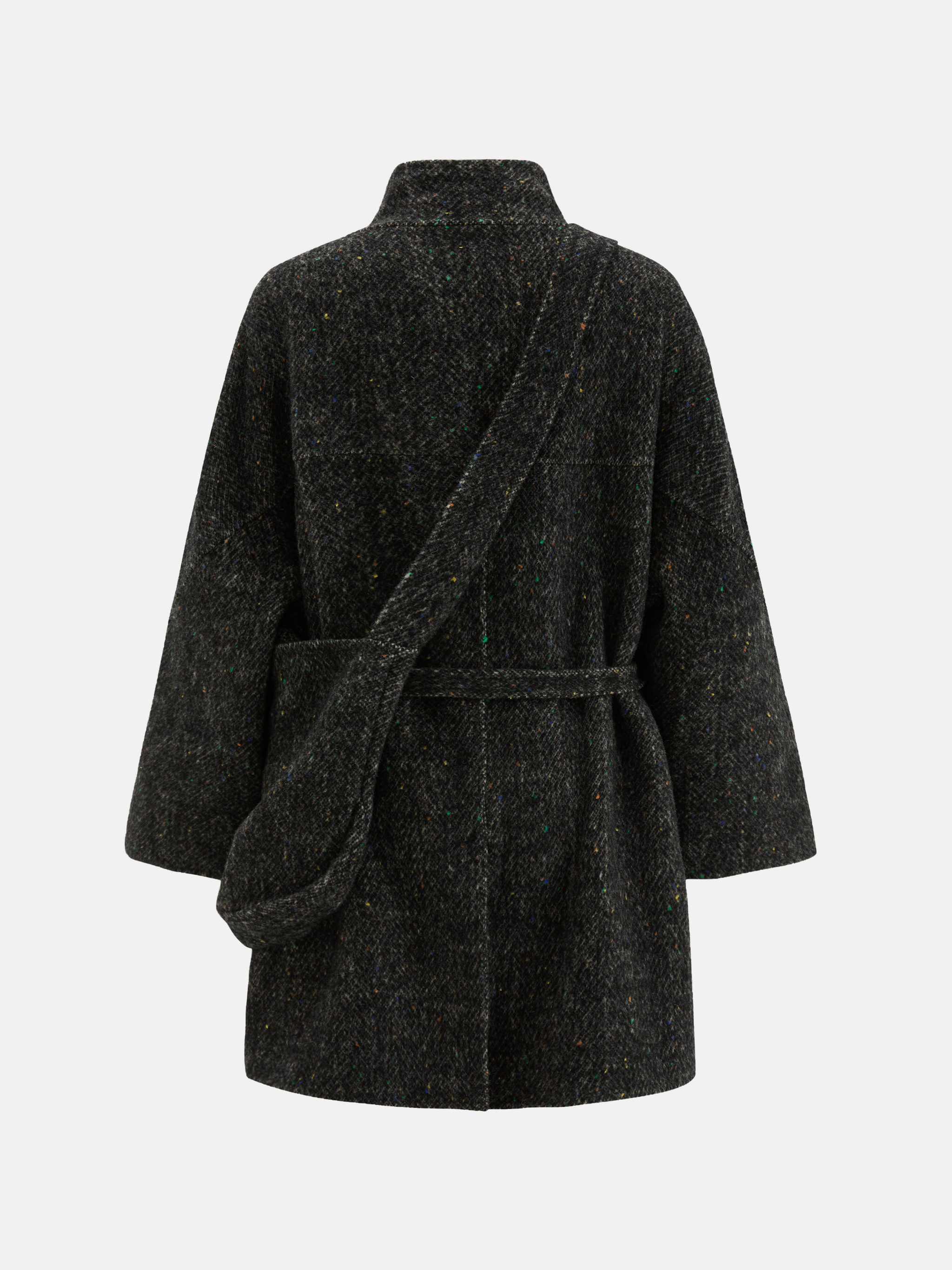 SELVANE grey textured wrap coat featuring a high collar, asymmetric button closure, and self-tie belt.