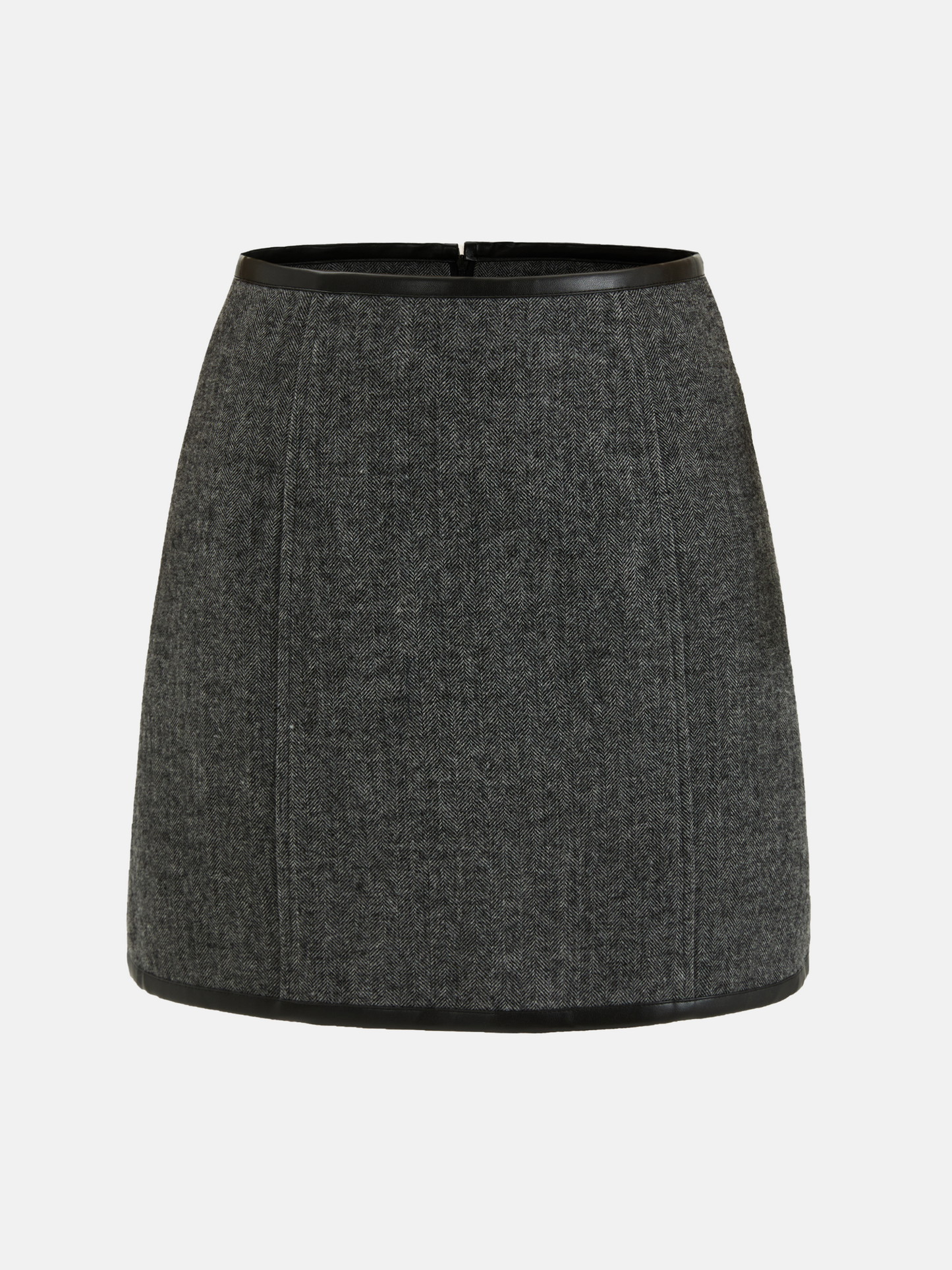 Charcoal wool-blend two-piece set featuring a cropped, boxy jacket with a sharp faux-leather contrast collar and a clean straight skirt.