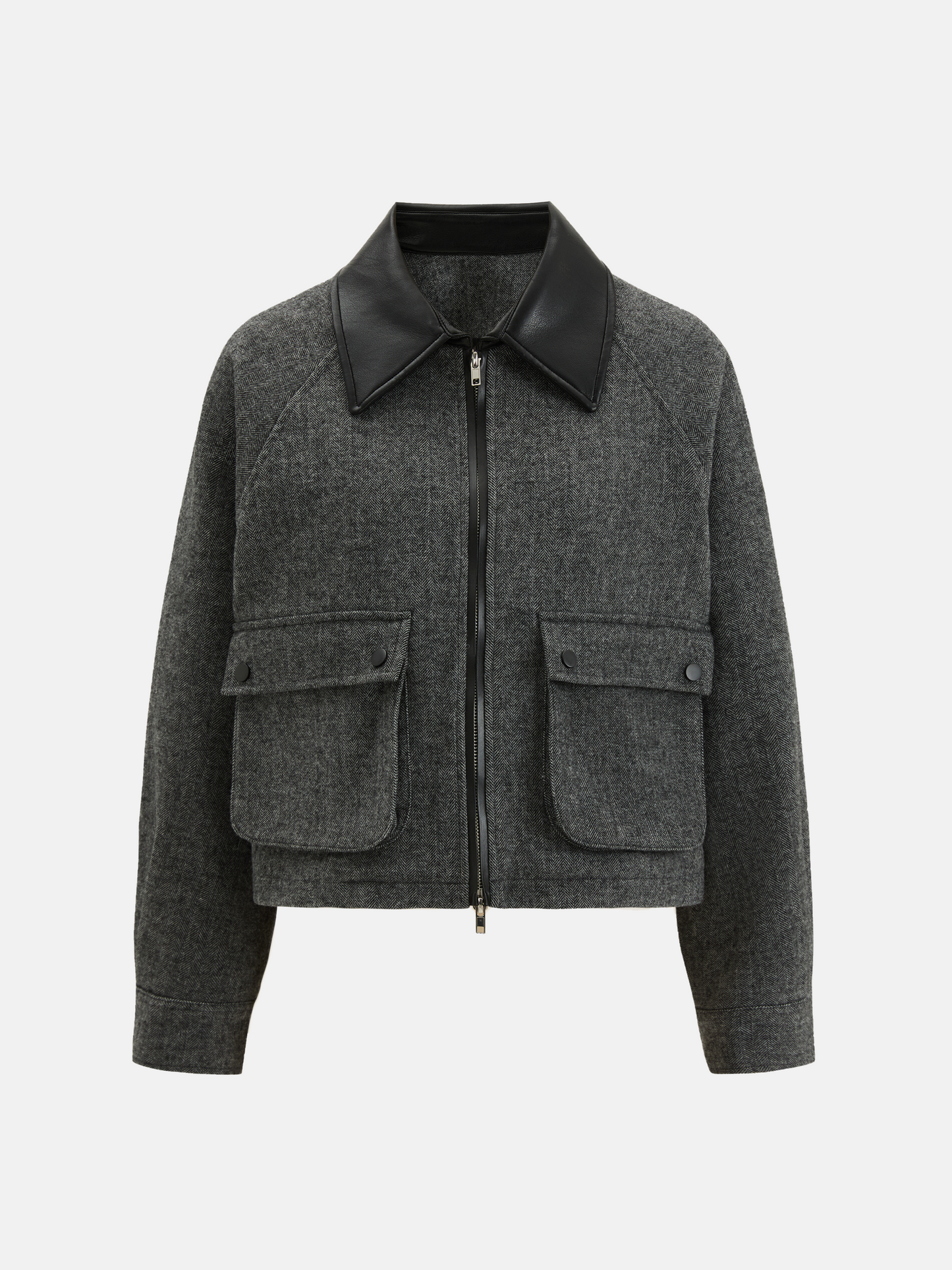 Charcoal wool-blend two-piece set featuring a cropped, boxy jacket with a sharp faux-leather contrast collar and a clean straight skirt.