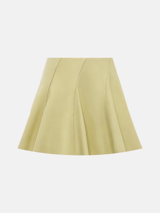 Soft yellow high-waist lambskin miniskirt with a gentle A-line silhouette, showcasing its supple texture and precise cut.