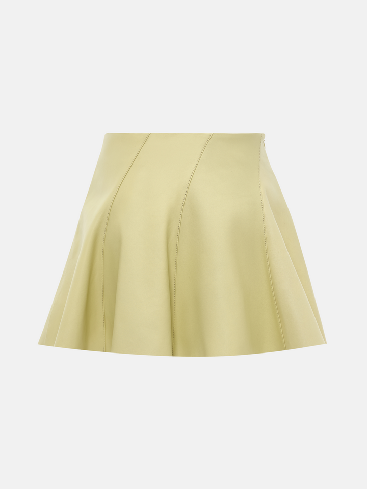 Soft yellow high-waist lambskin miniskirt with a gentle A-line silhouette, showcasing its supple texture and precise cut.
