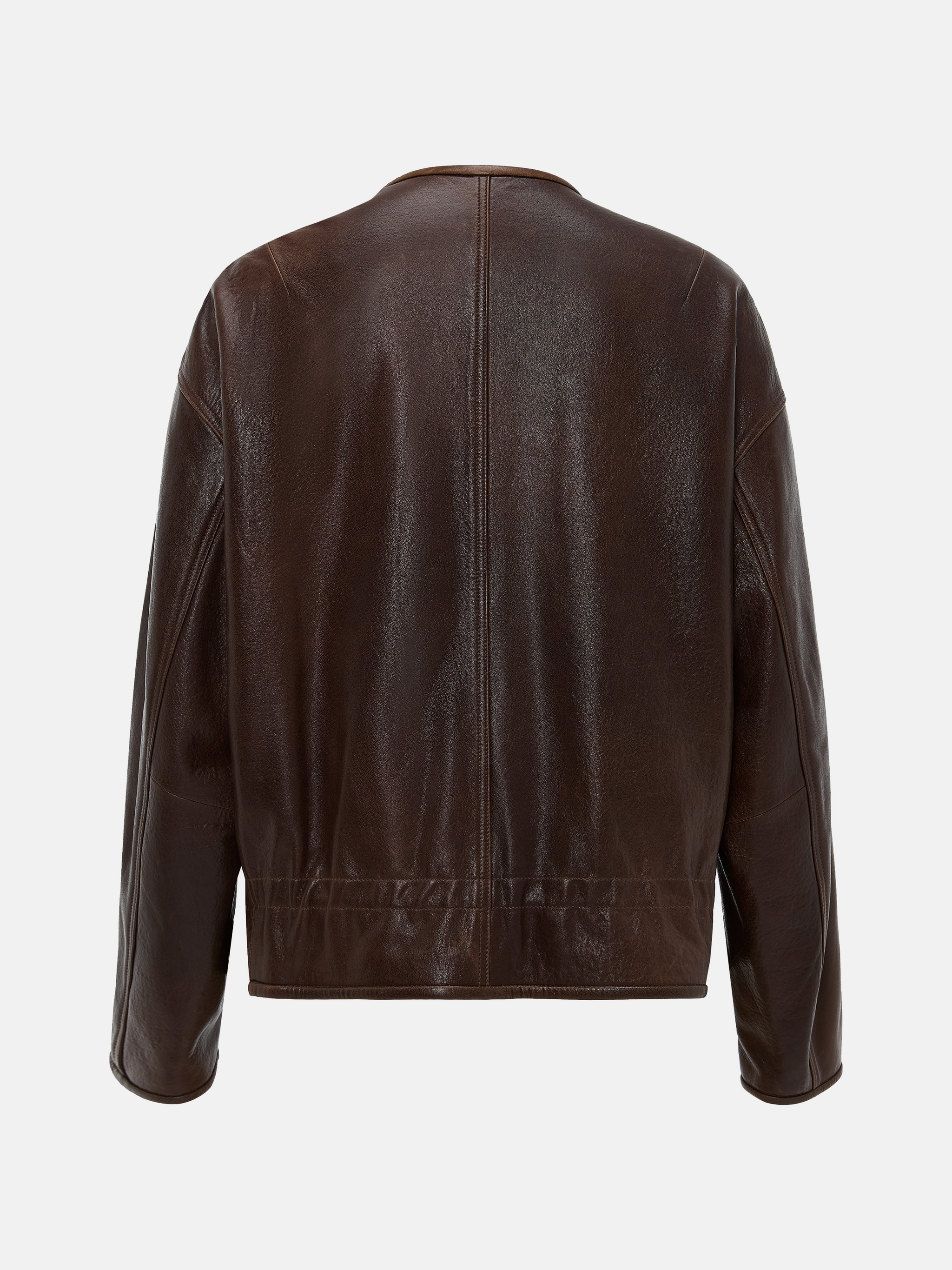 SELVANE brown lambskin crew-neck jacket with softened volume and drawstring hem, showcasing clean lines and supple texture.