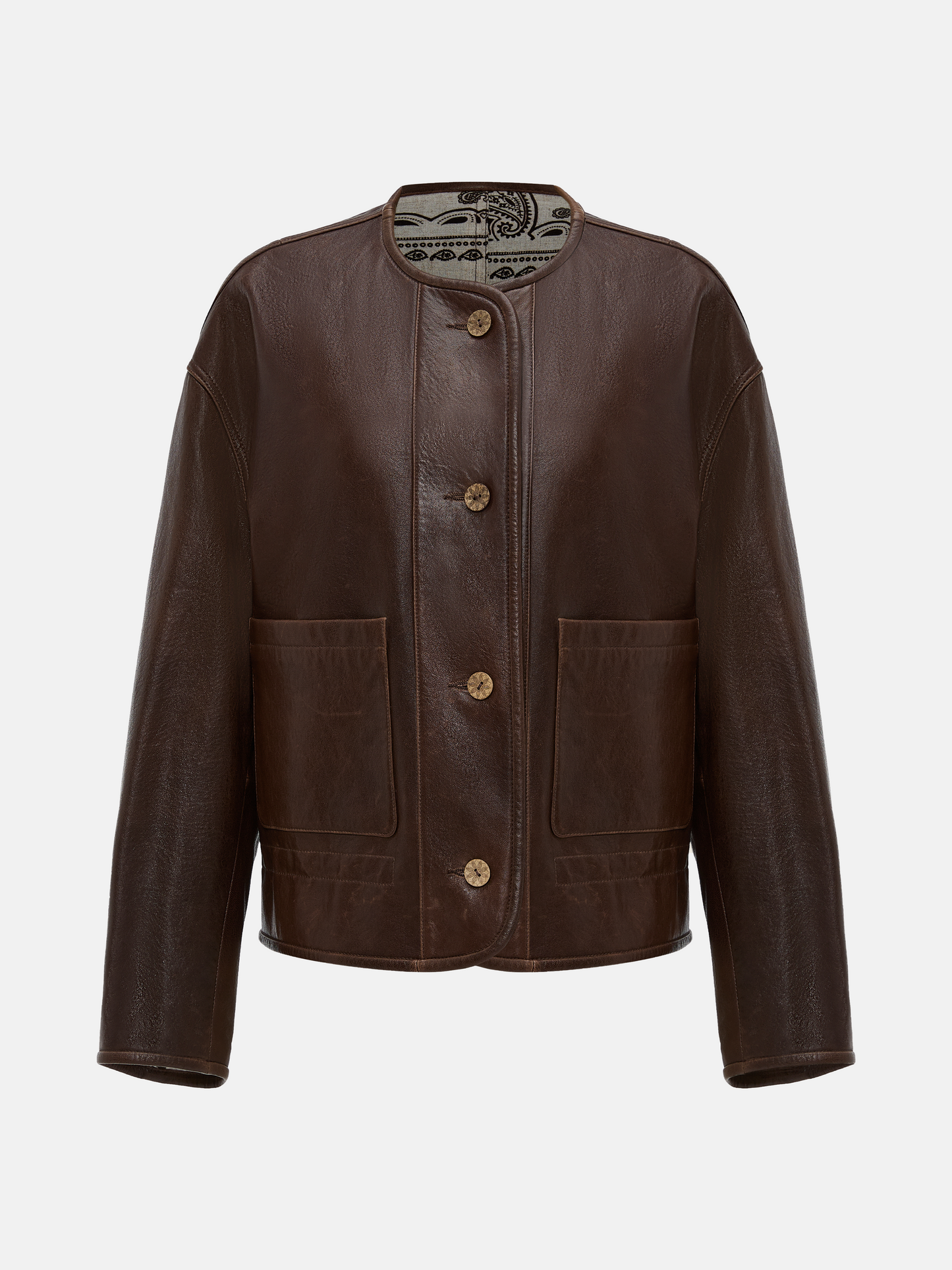 SELVANE brown lambskin crew-neck jacket with softened volume and drawstring hem, showcasing clean lines and supple texture.