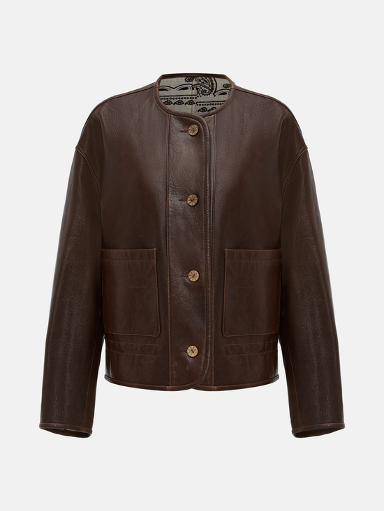 SELVANE brown lambskin crew-neck jacket with softened volume and drawstring hem, showcasing clean lines and supple texture.