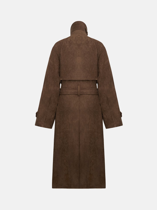 SELVANE coffee-toned double-breasted trench coat with oversized collar and belted waist, showcasing tailored lines.