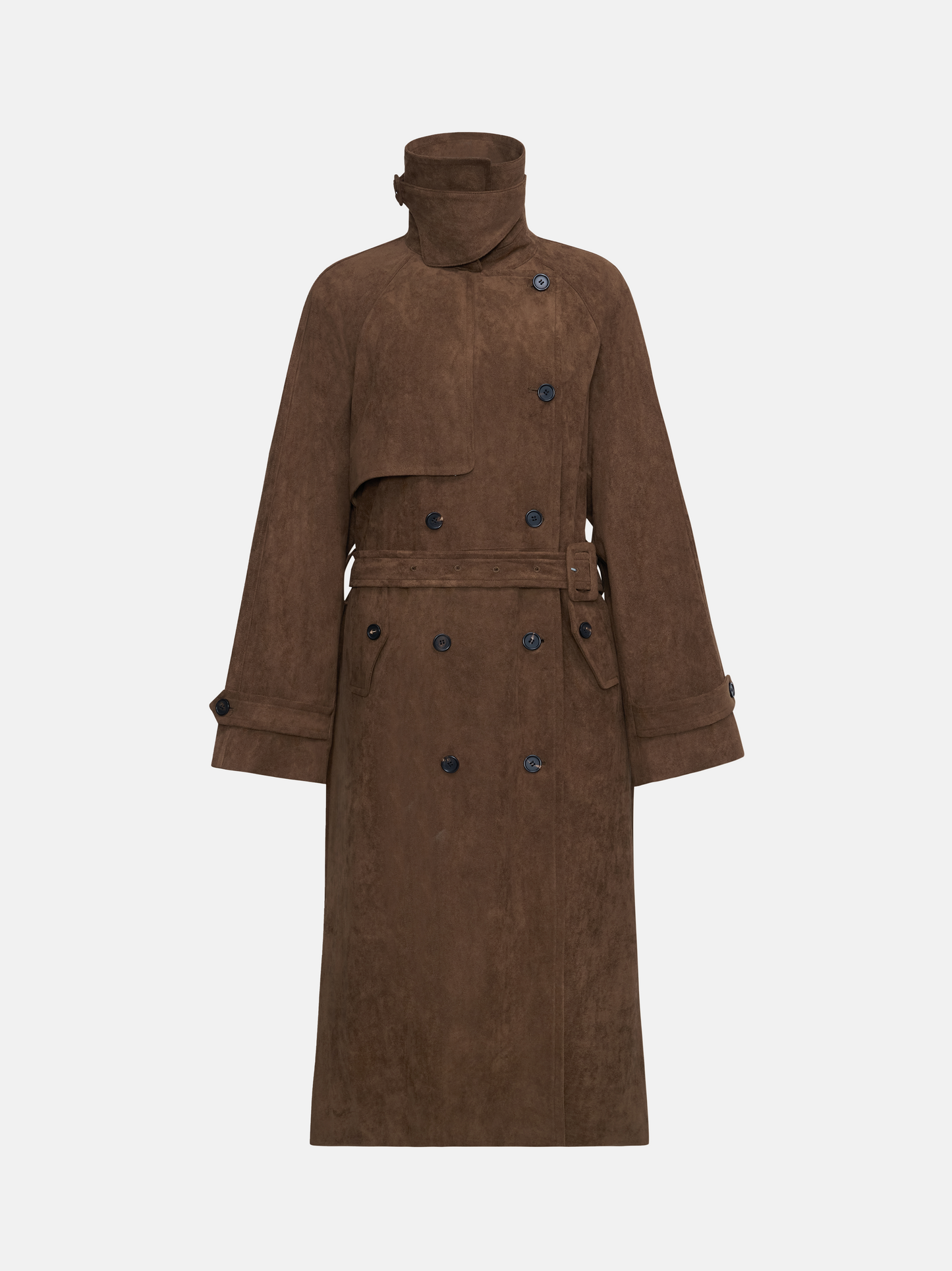 SELVANE coffee-toned double-breasted trench coat with oversized collar and belted waist, showcasing tailored lines.