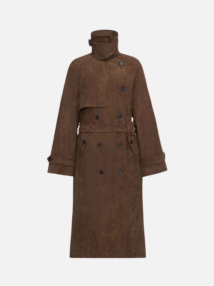 SELVANE coffee-toned double-breasted trench coat with oversized collar and belted waist, showcasing tailored lines.