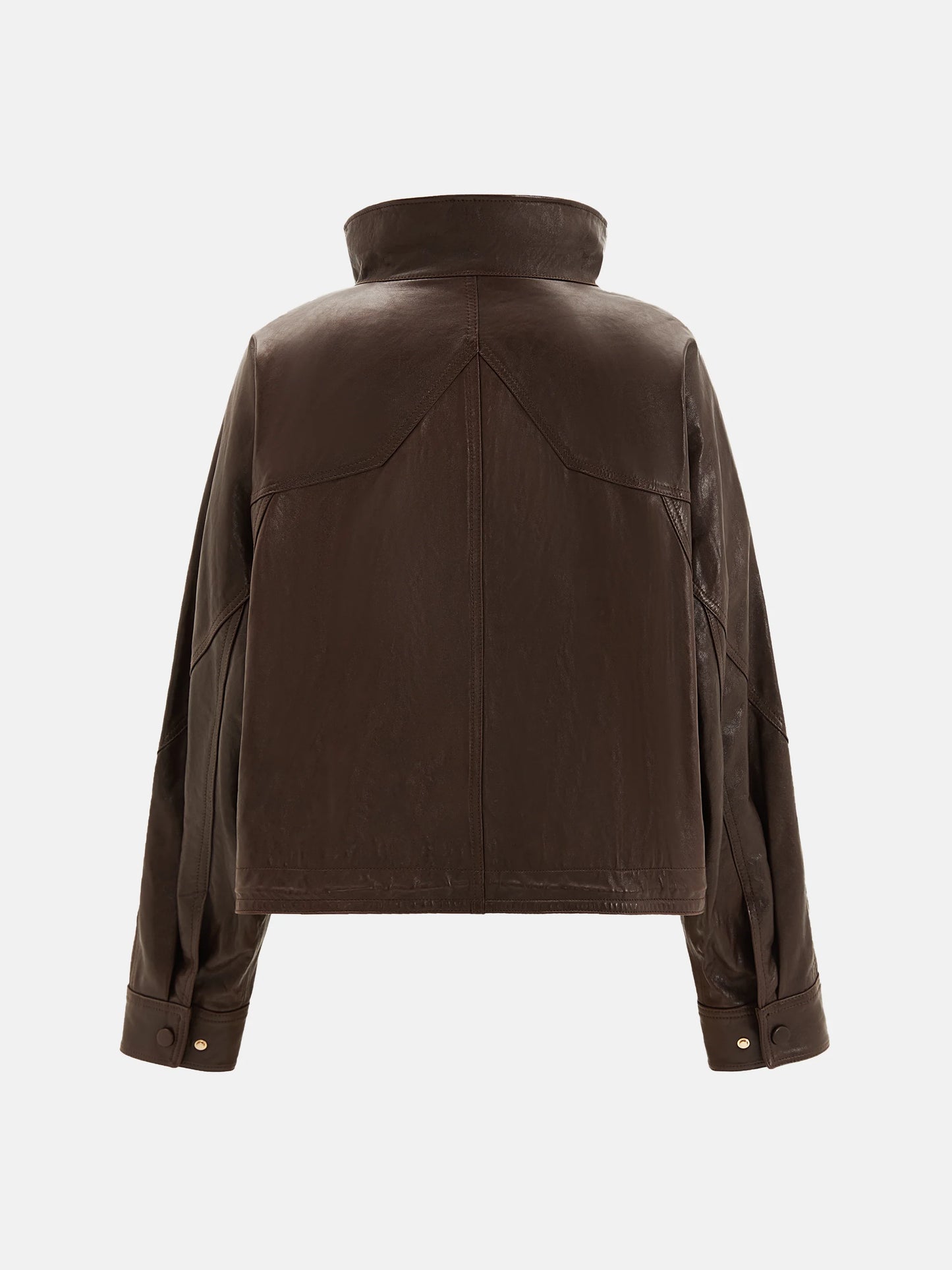 SELVANE Asymmetric Zip-Collar Lambskin Jacket in coffee-toned leather, showcasing its structural lines and urban elegance.