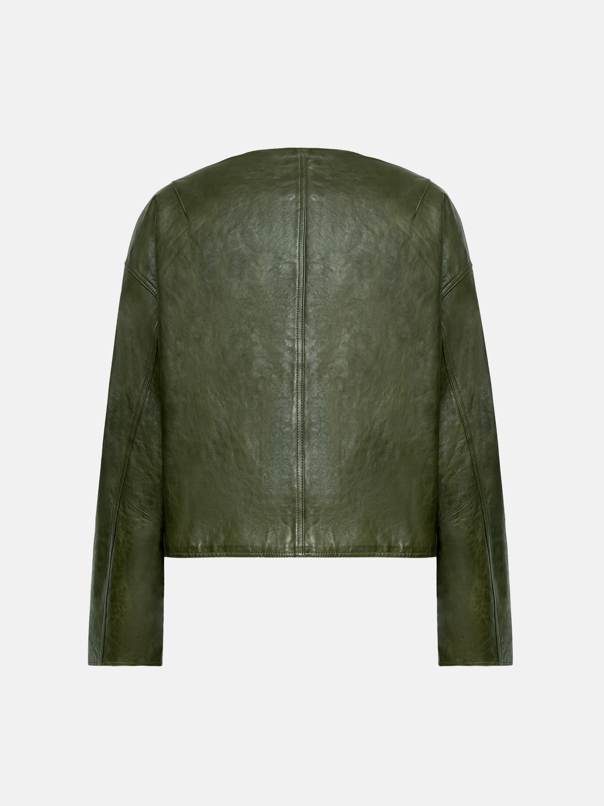 Cropped olive lambskin jacket with a clean round neckline and tonal buttons, showcasing a precise, composed silhouette.