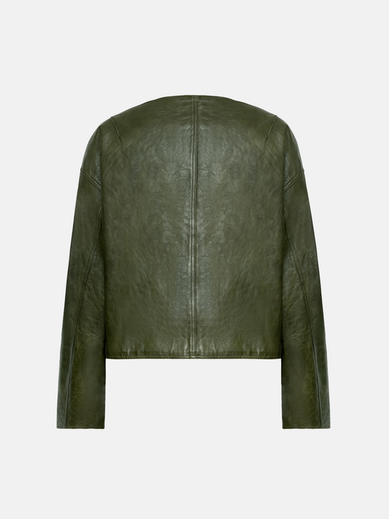 Cropped olive lambskin jacket with a clean round neckline and tonal buttons, showcasing a precise, composed silhouette.