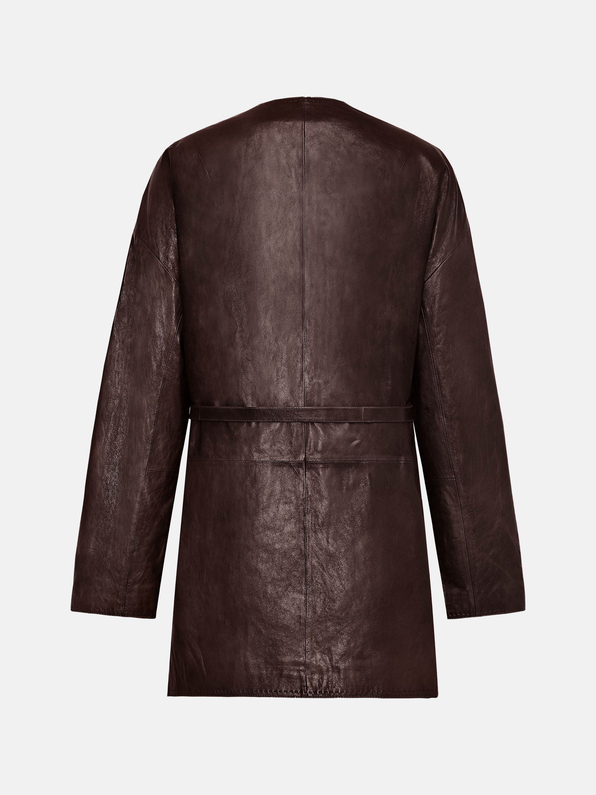 Sleek rich brown lambskin wrap belt jacket, defining the waist with a quiet gesture, clean column silhouette.