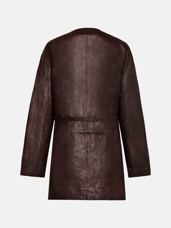 Sleek rich brown lambskin wrap belt jacket, defining the waist with a quiet gesture, clean column silhouette.