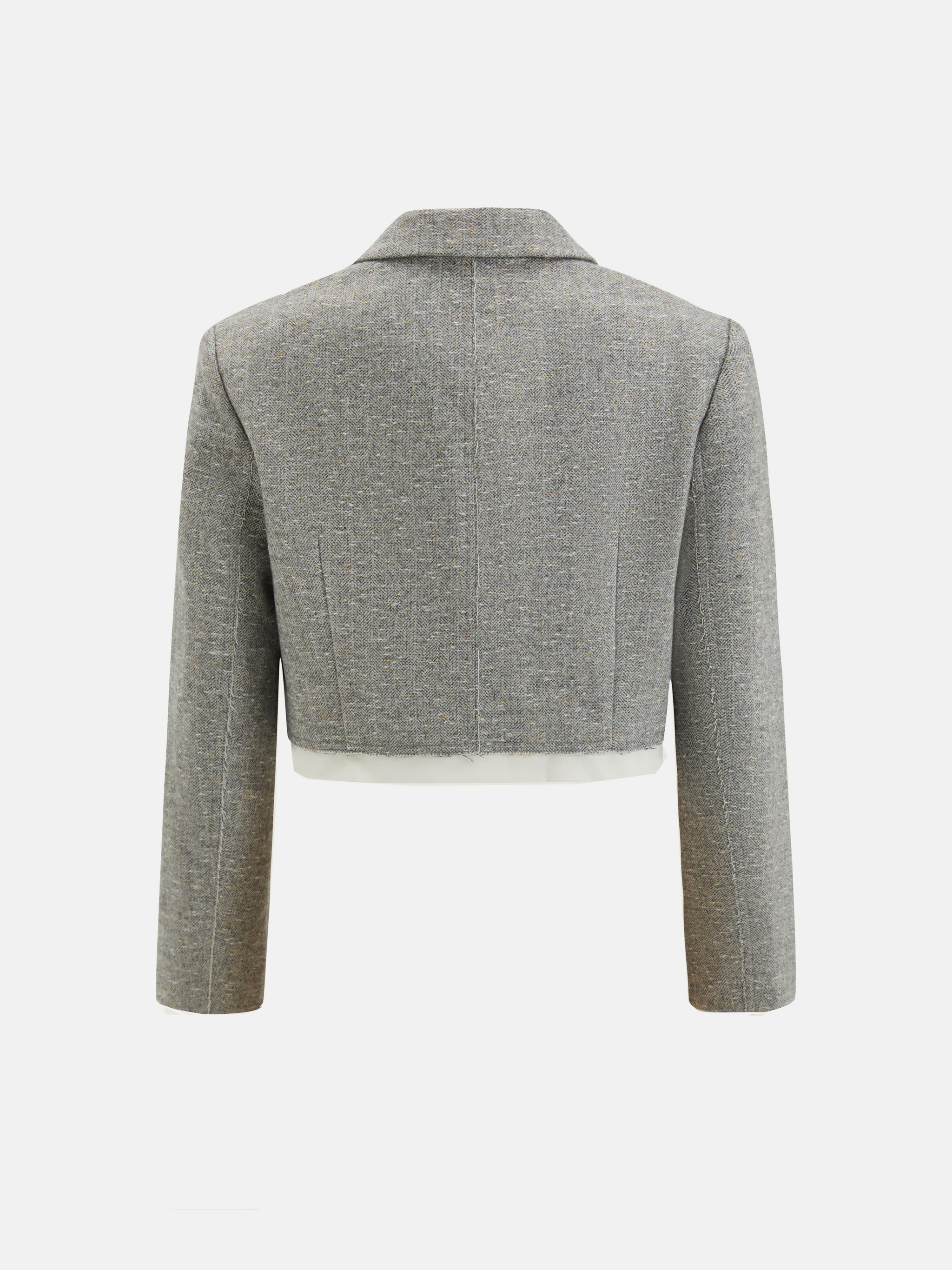 Cropped blazer and wrap midi skirt set in grey, featuring disciplined shoulders and fluid lines, inspired by volcanic terrain.