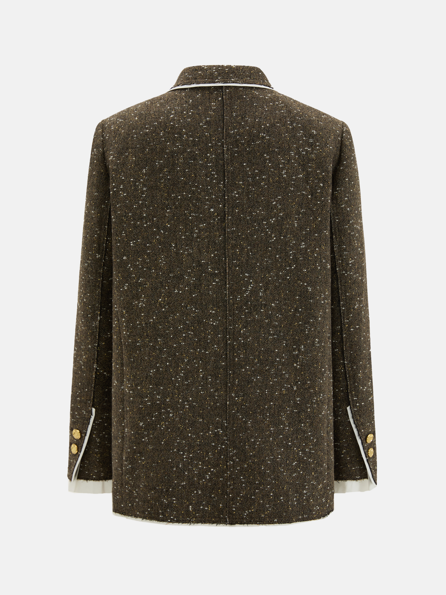 Structured coffee mélange blazer with sharp lapels, ivory piping, and gold buttons, embodying refined British tailoring.